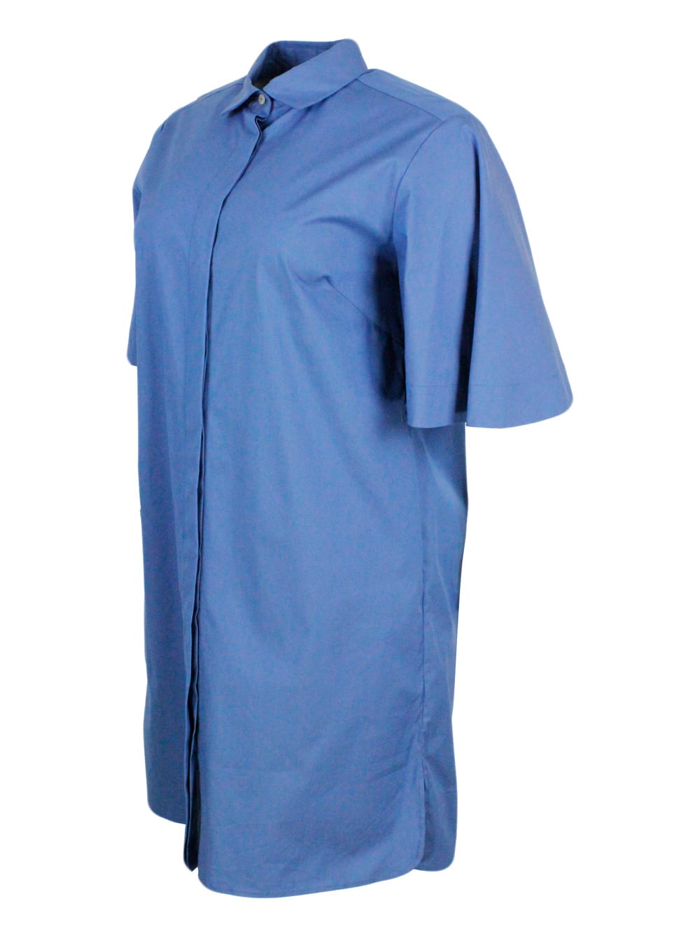 Shop Barba Napoli Short 3/4 Sleeve Dress In Stretch Cotton With Concealed Button Placket In Blu Light