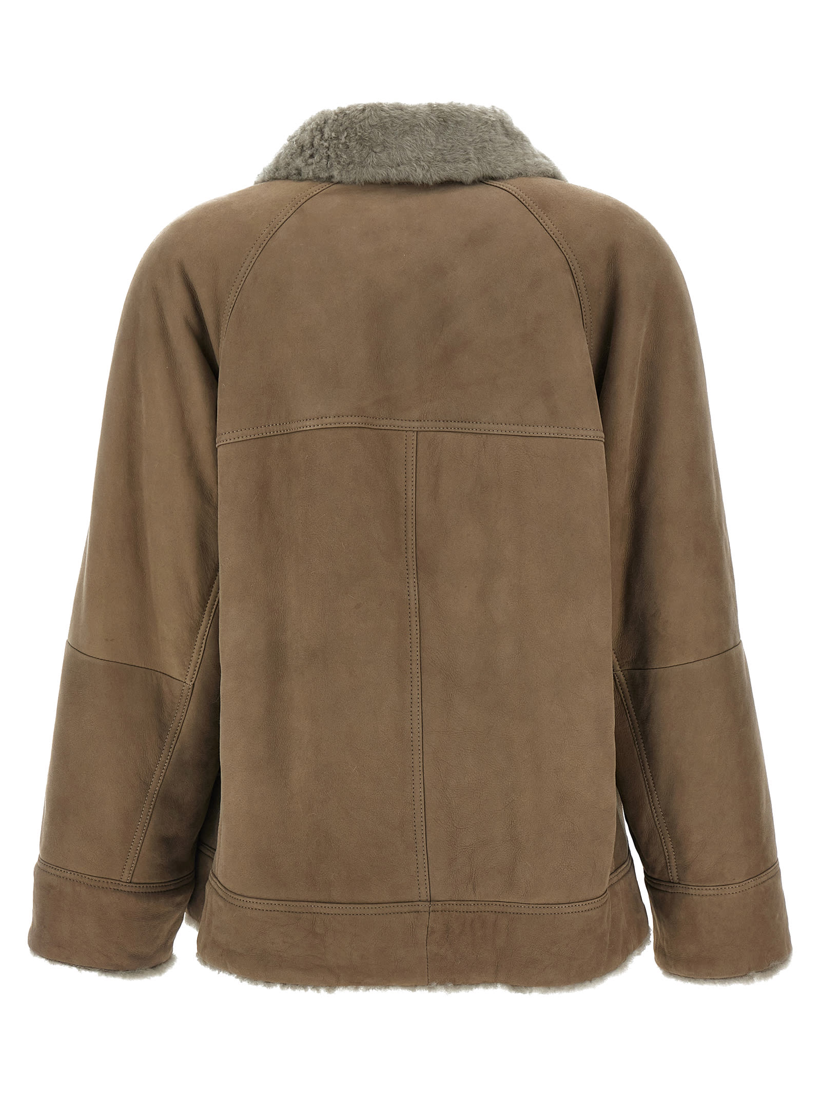 Brunello Cucinelli Shearling Leather Jacket In Neutral