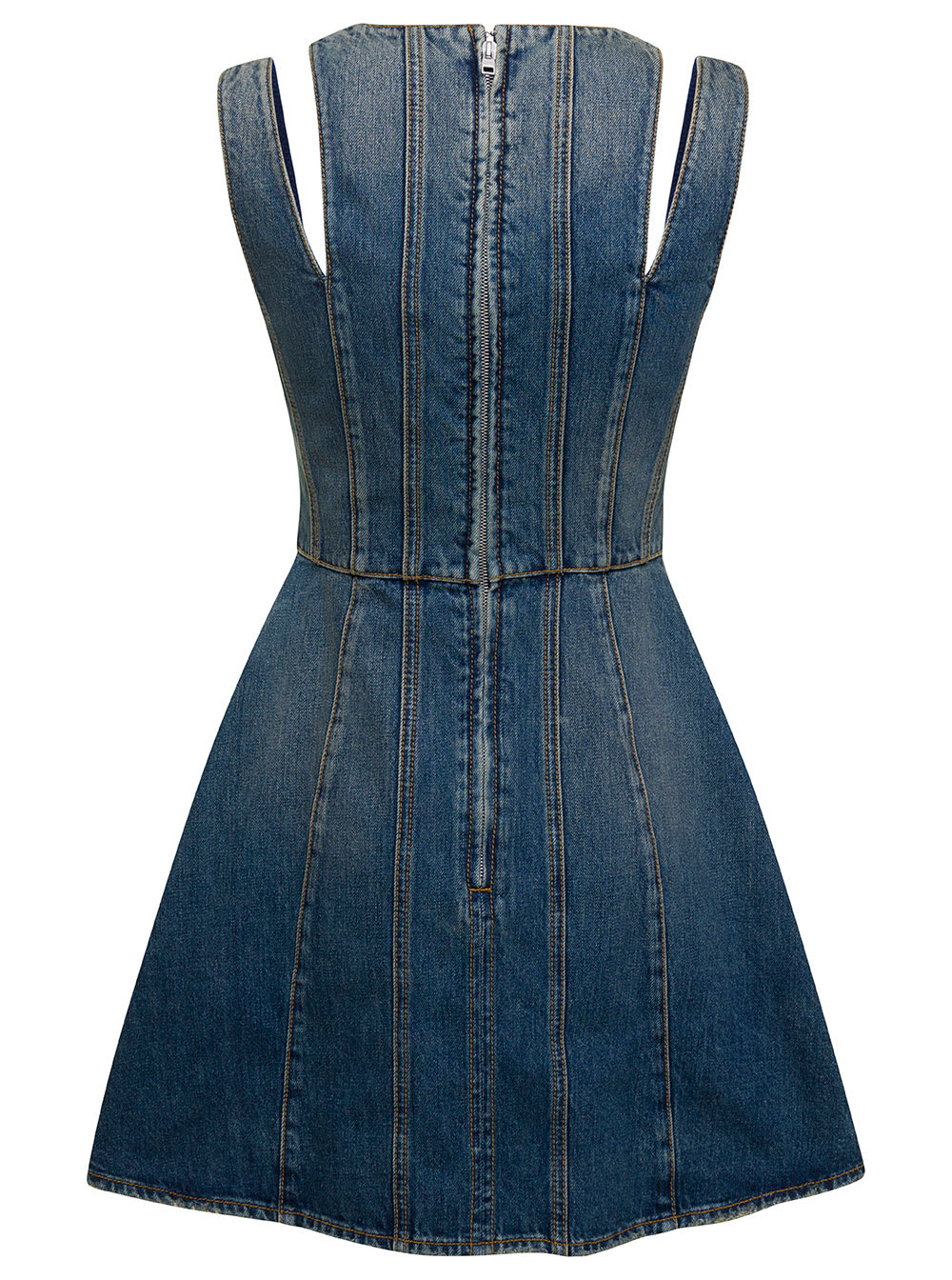 Shop Alexander Mcqueen Blue Mini Dress With Cut-out Detail And Pleated Skirt In Cotton Denim Woman