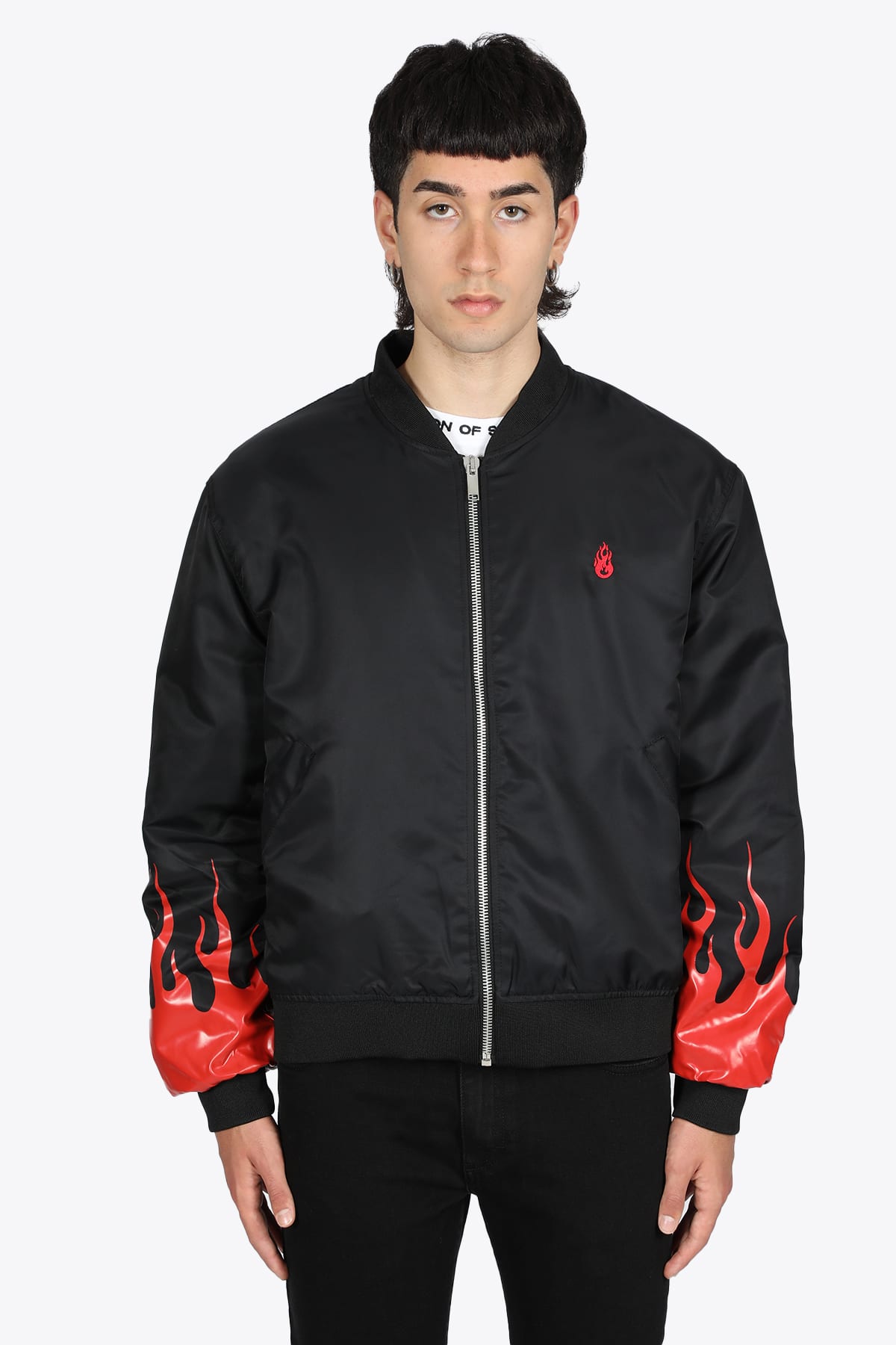 Vision of Super Vos/bomberflred Nylon Black nylon bomber jacket with red flames