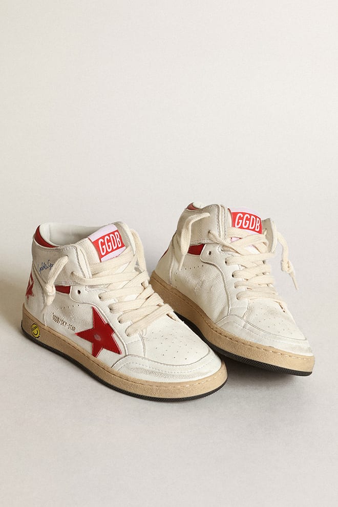 Shop Golden Goose Sneakers With Application In Bianco-rosso