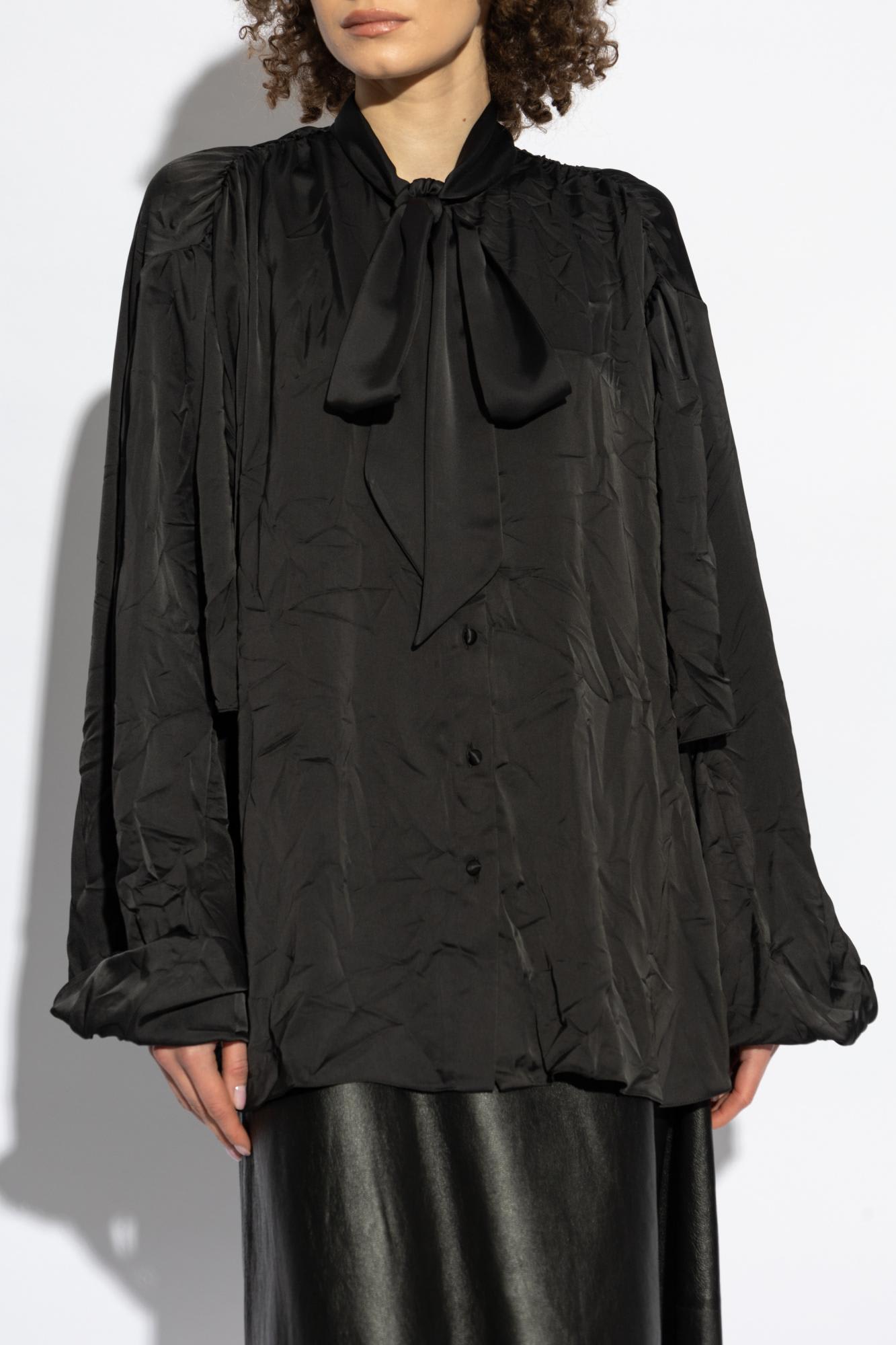 Balenciaga Satin Blouse With Bow And Cut-out Sleeves In Black
