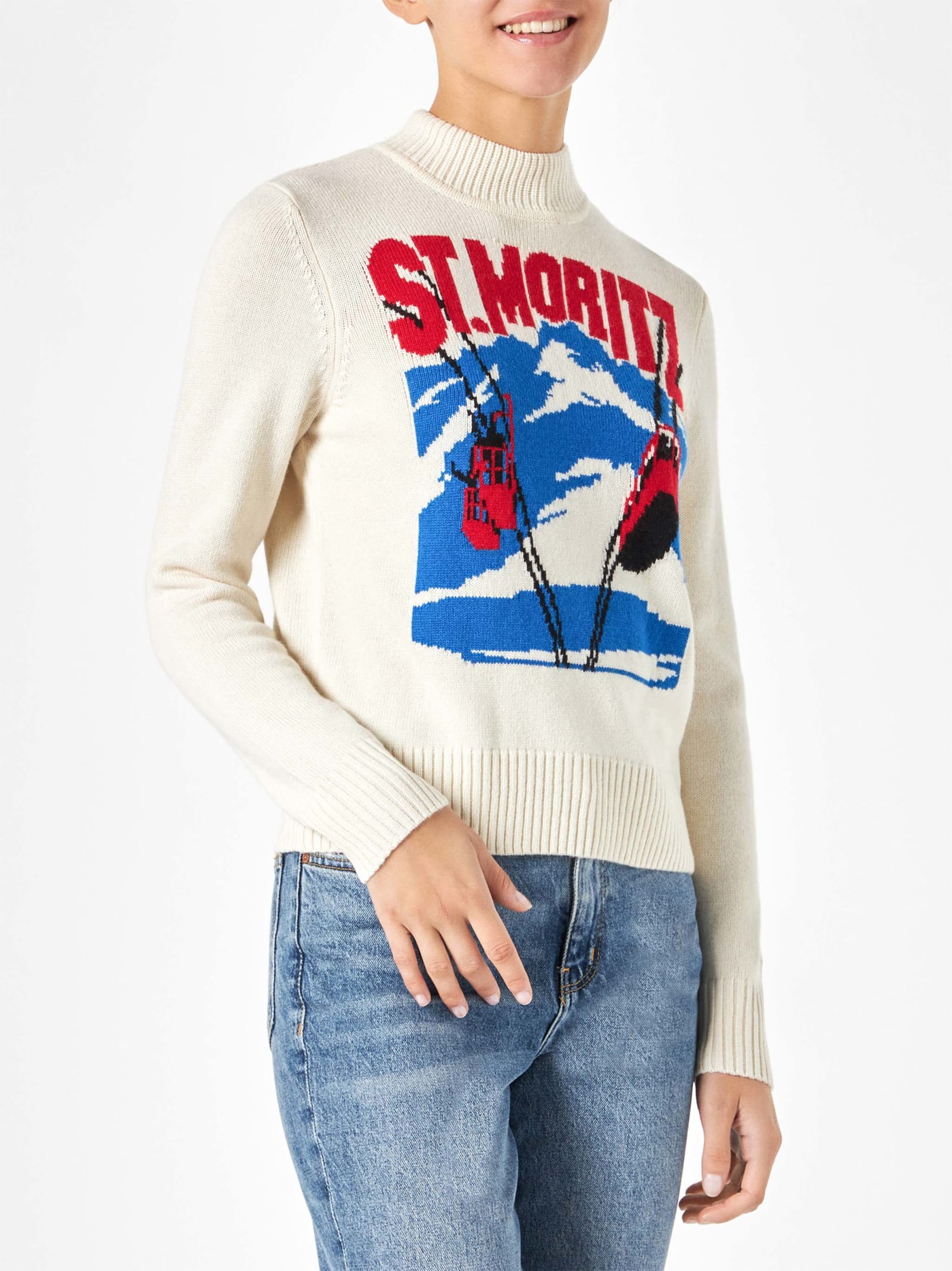 Shop Mc2 Saint Barth Woman Crewneck Sweater With St.moritz Postcard In White