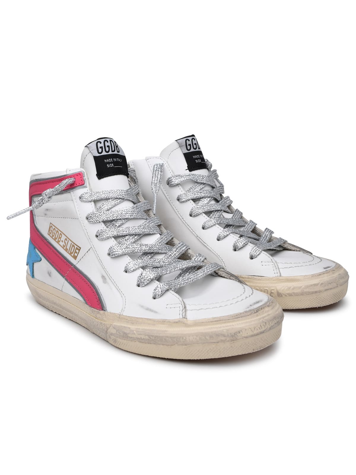 Golden Goose Slide High-top Sneakers In White/light Blue/fuchsia