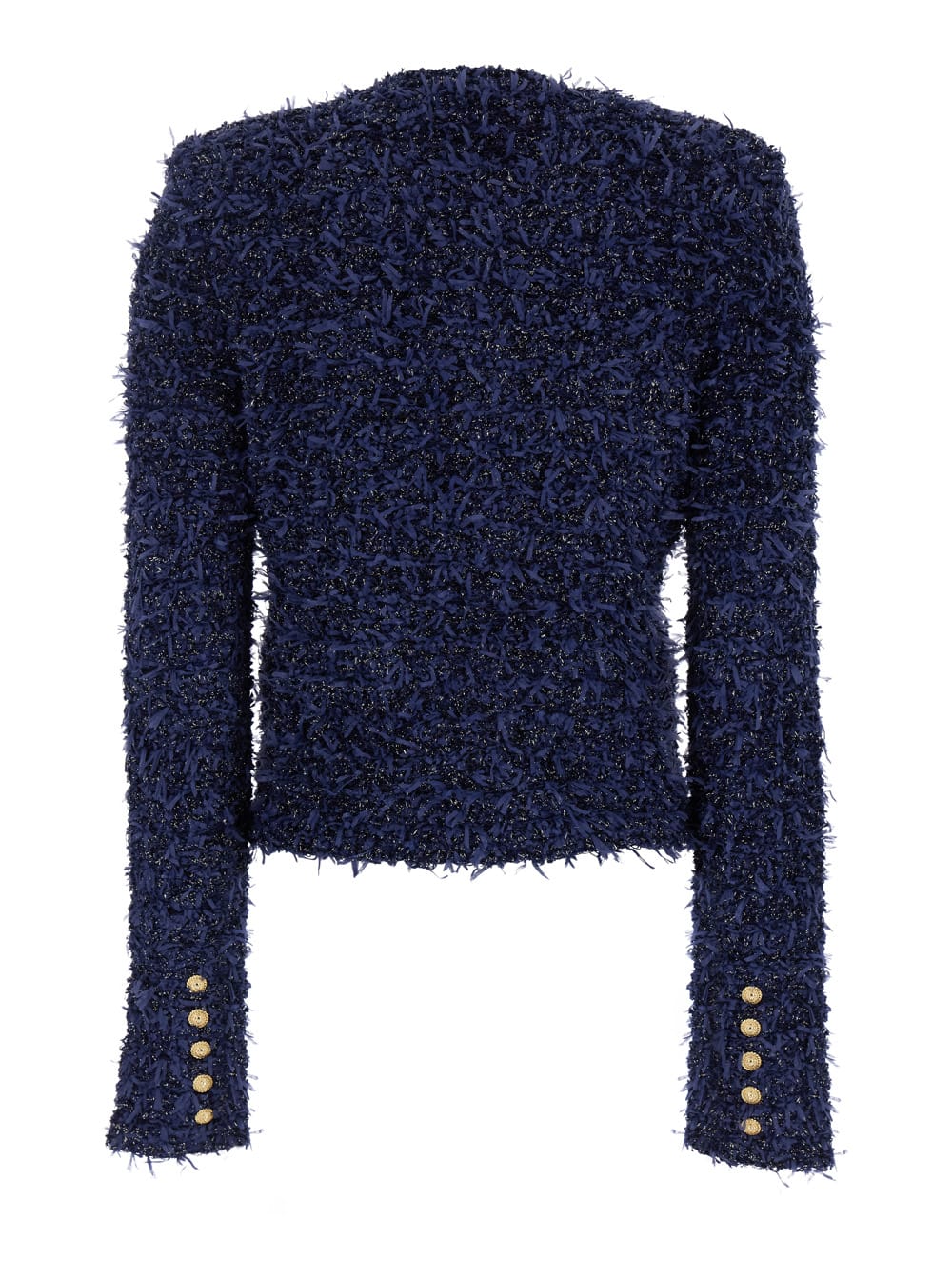 Shop Balmain Blue Collarless Jacket With Gold Buttons In Tweed Woman