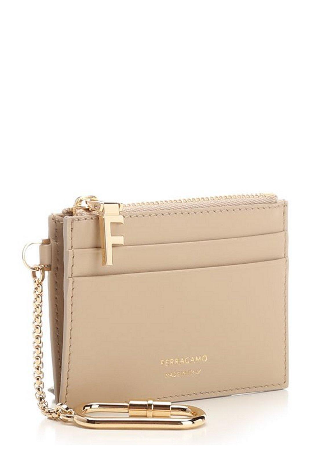 Ferragamo Leather Cardholder With Key-chain In Beige/khaki