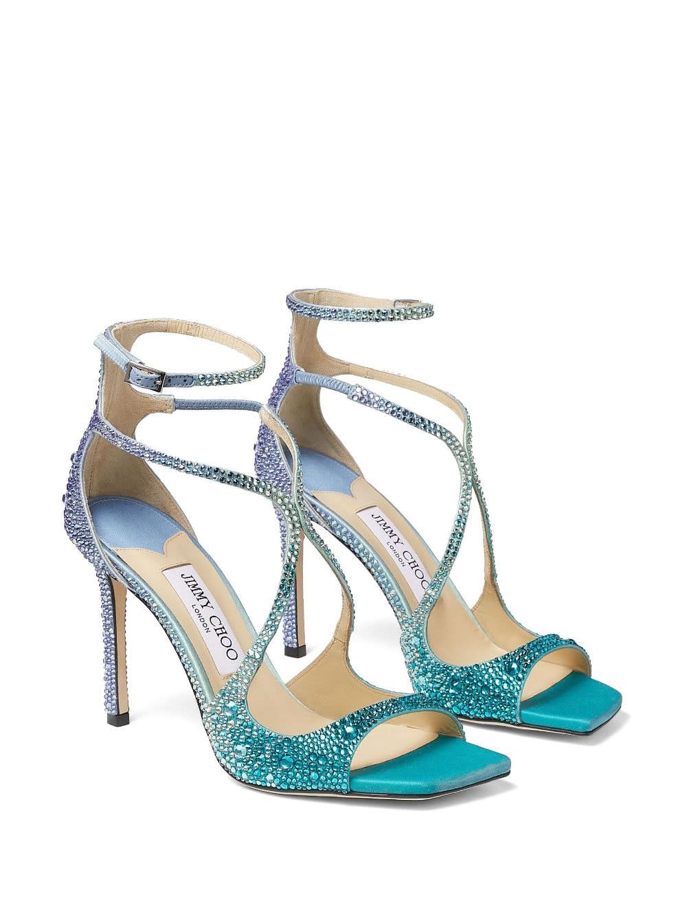 Shop Jimmy Choo Azia 95 Sandal In Blue Peacock With Crystals