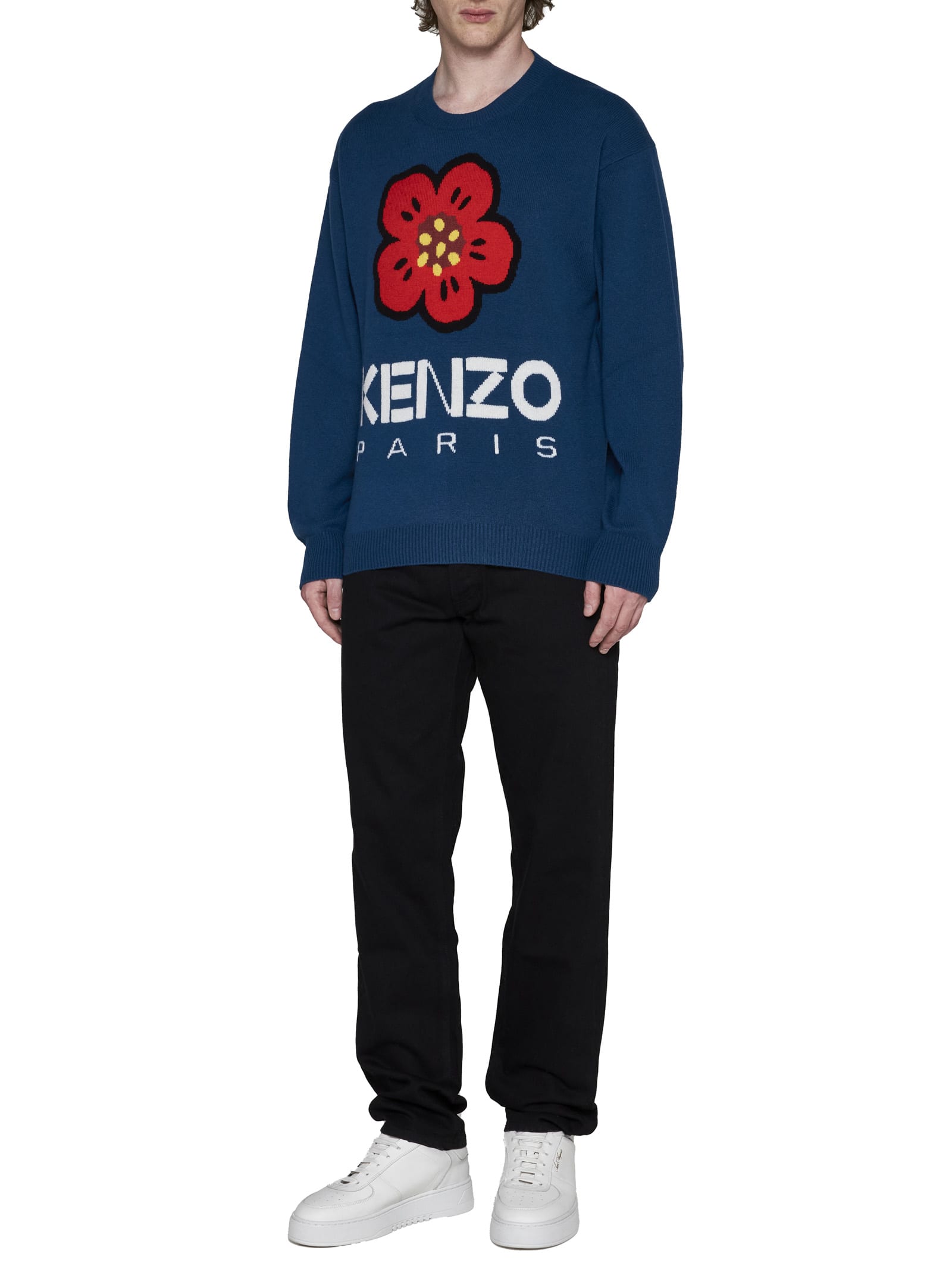 Kenzo Logo And Flower Wool Sweater In Bleu Canard