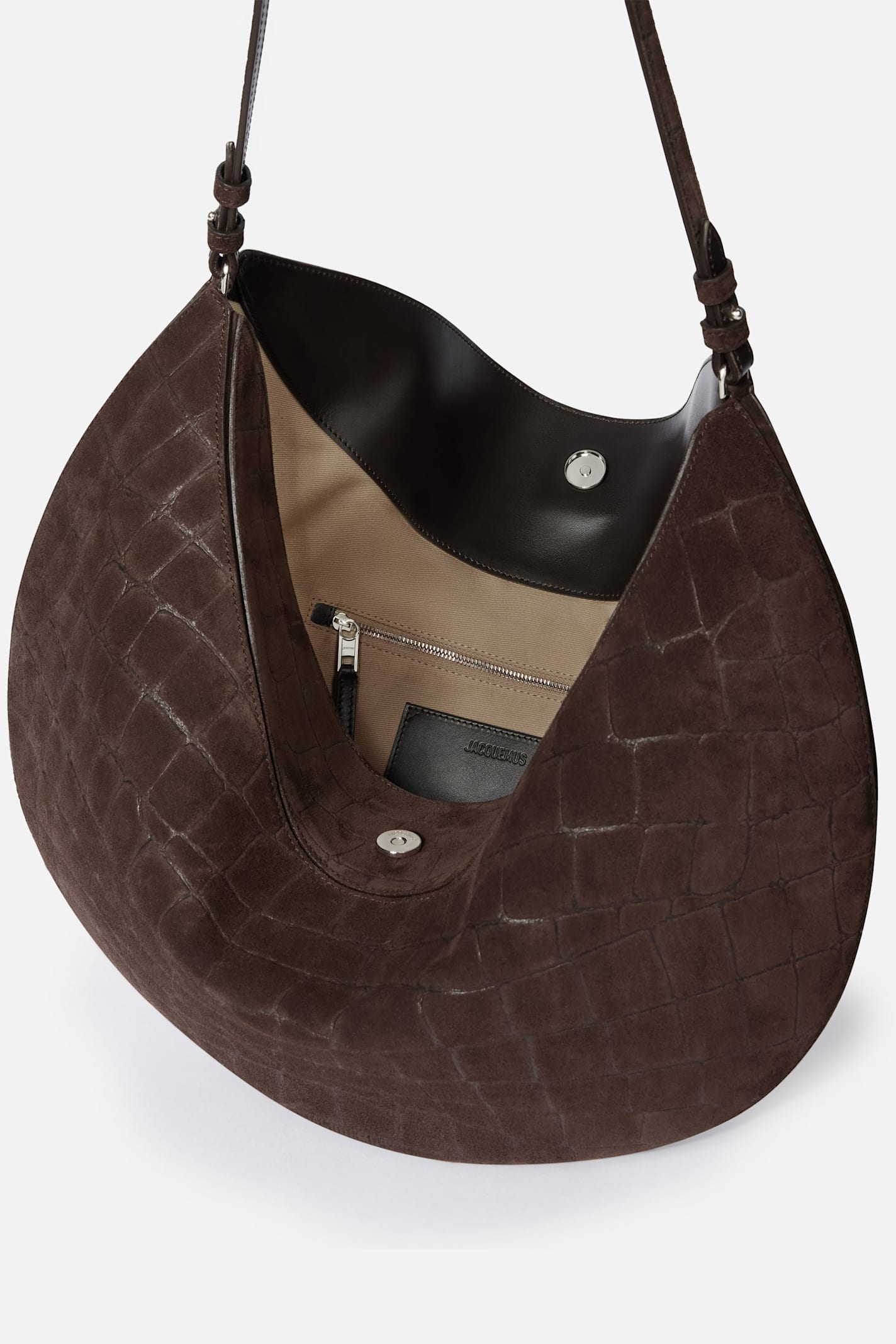 Jacquemus Round Shoulder Bag In Crocodile Effect In Brown