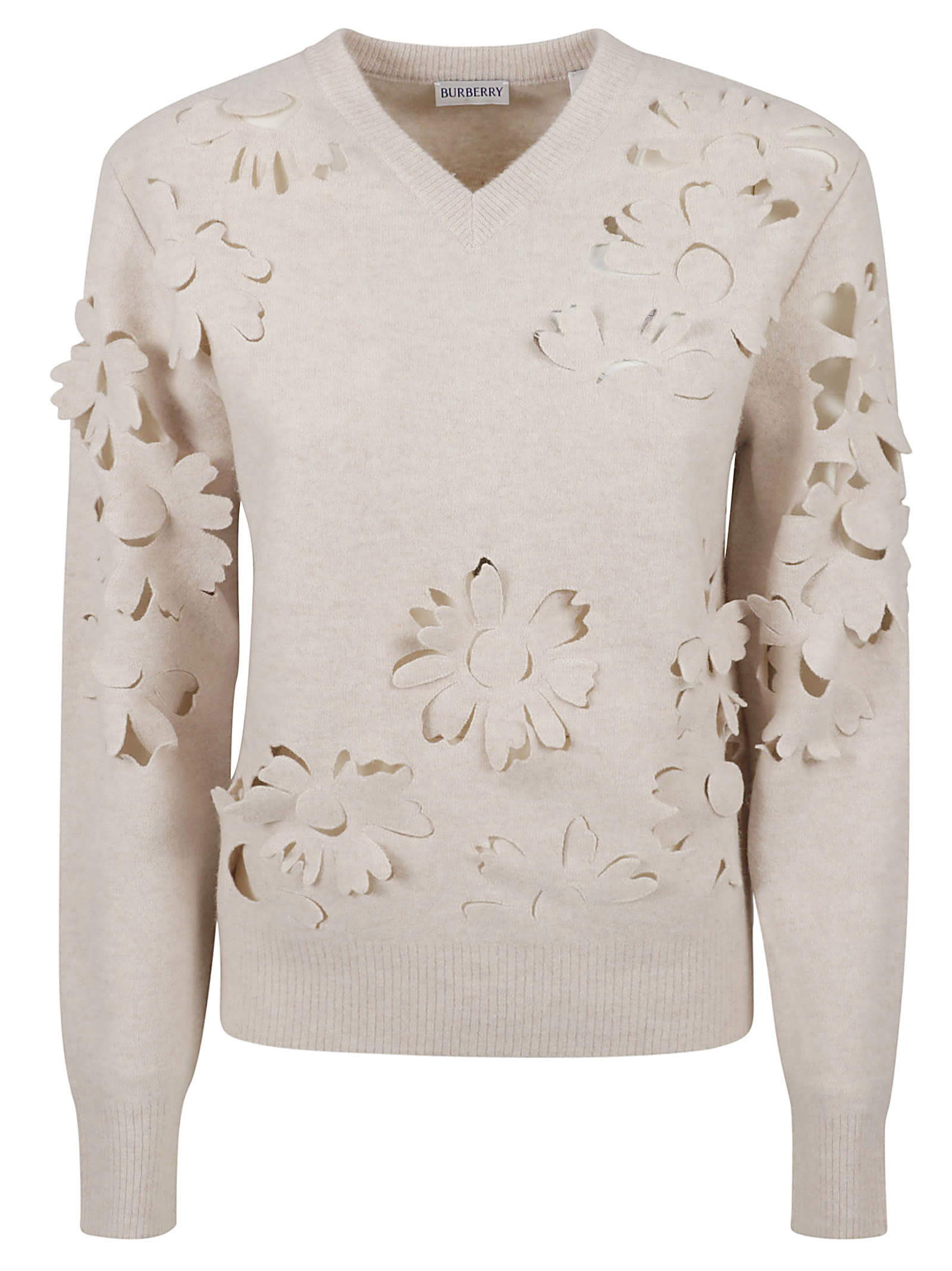 Burberry V-neck Perforated Rib Sweater In Nutmeg