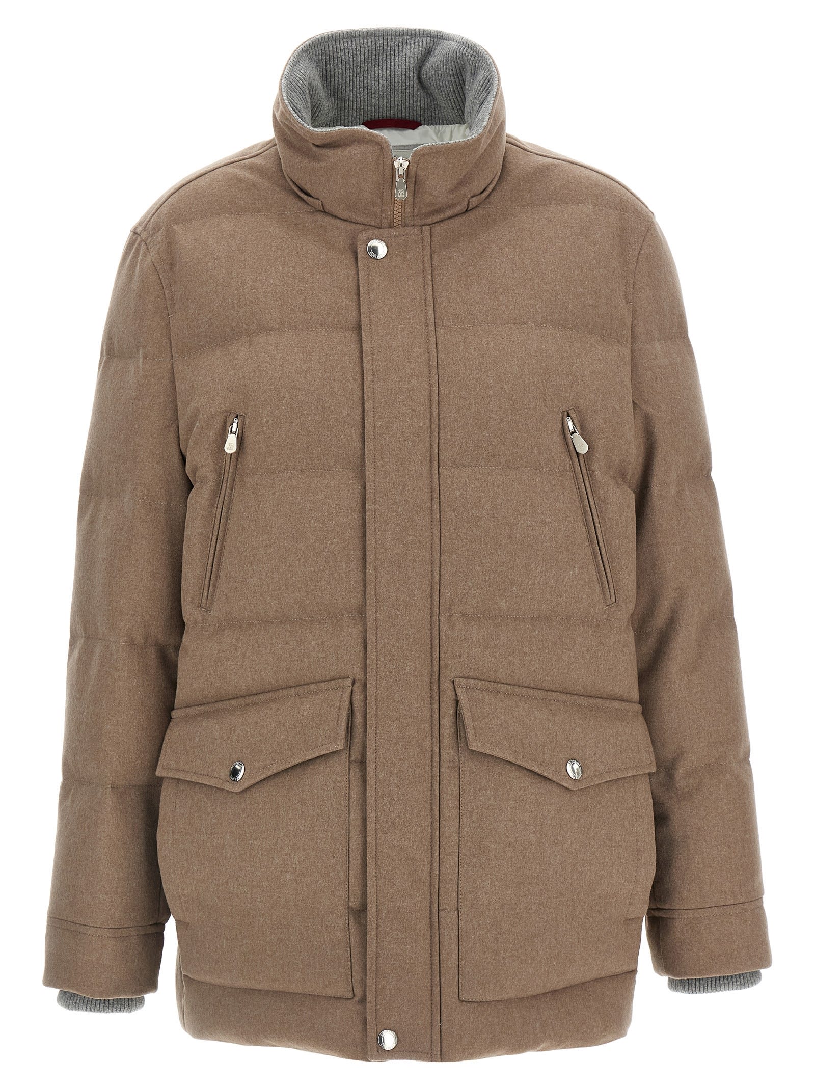 Brunello Cucinelli Flannel Down Jacket Puffer Jackets Beige In Neutral