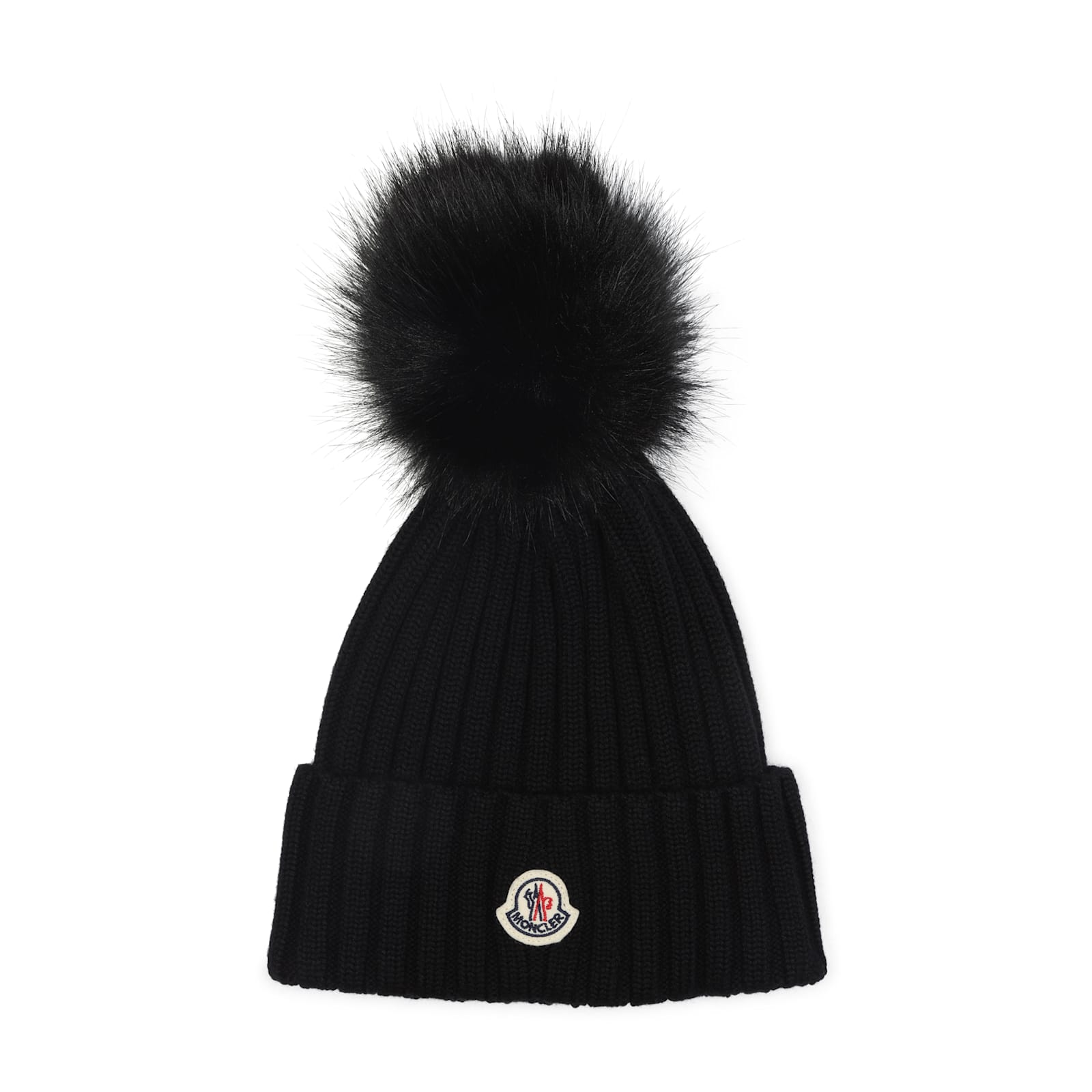 Moncler Ribbed Knit Wool Beanie With Faux Fur Pom-pom In Black