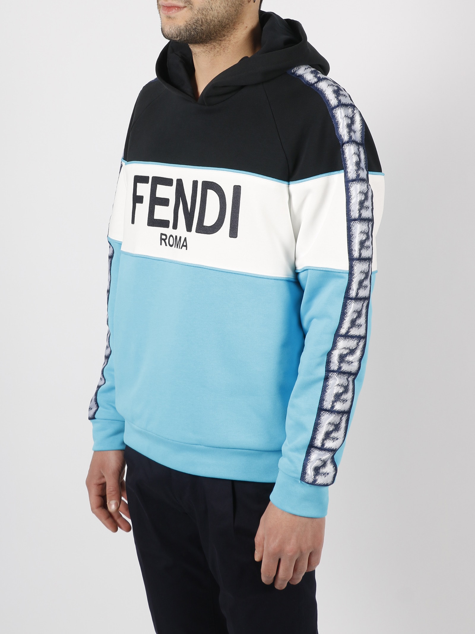 Shop Fendi Logo Jersey Hoodie In Navy