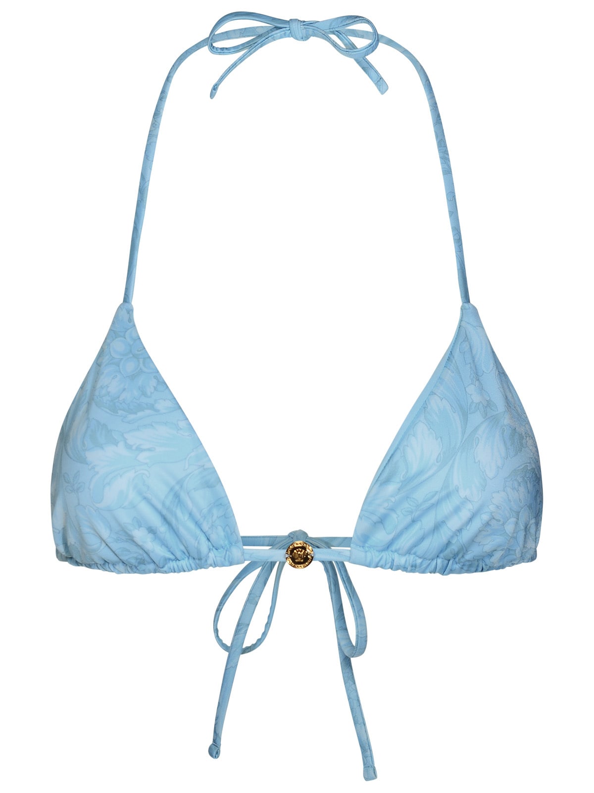 Shop Versace Barocco Light Blue Polyester Blend Bikini Top In Pale Blue