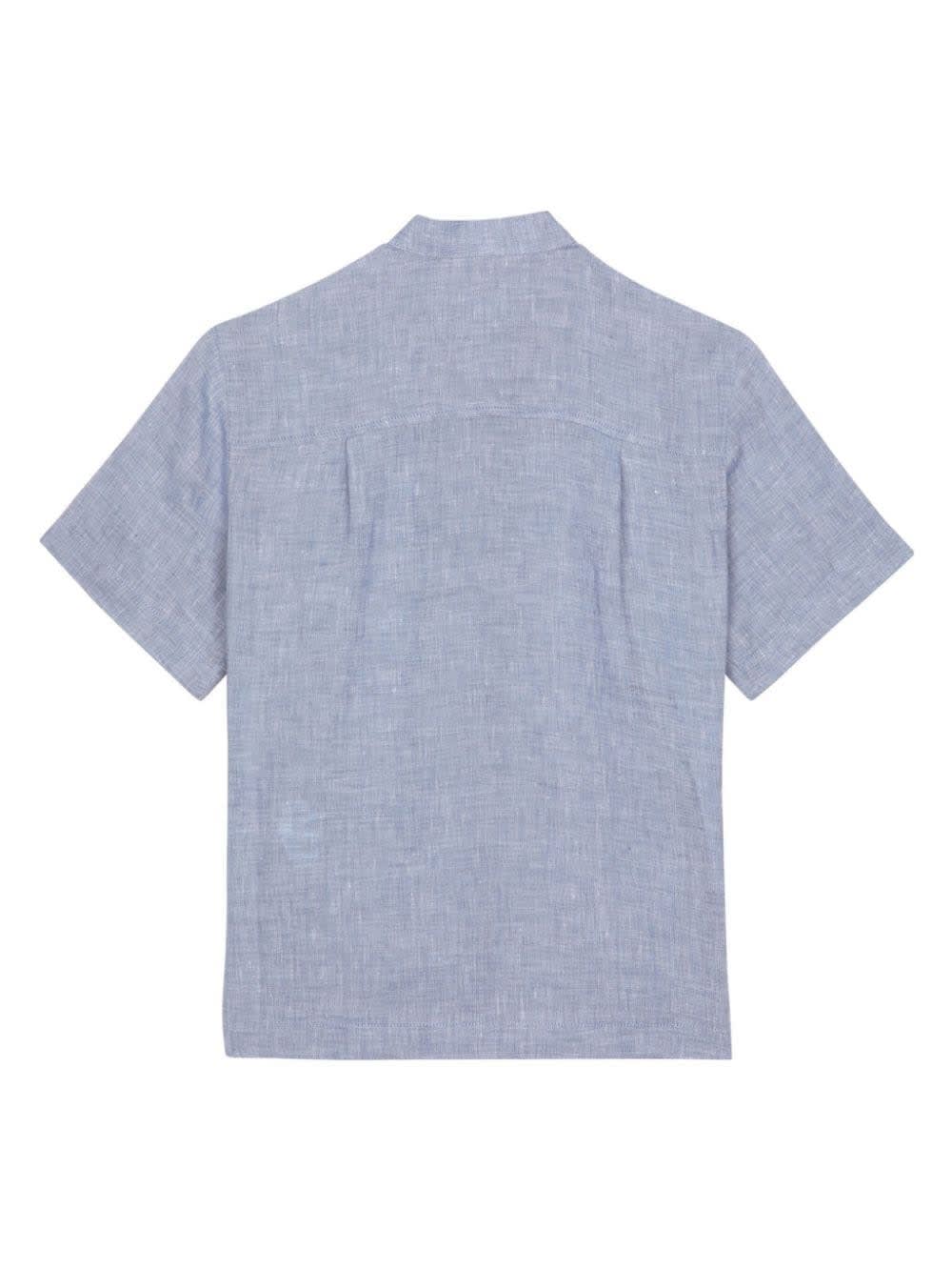 Shop Dolce & Gabbana Light Blue Linen Shirt With Logo Plaque