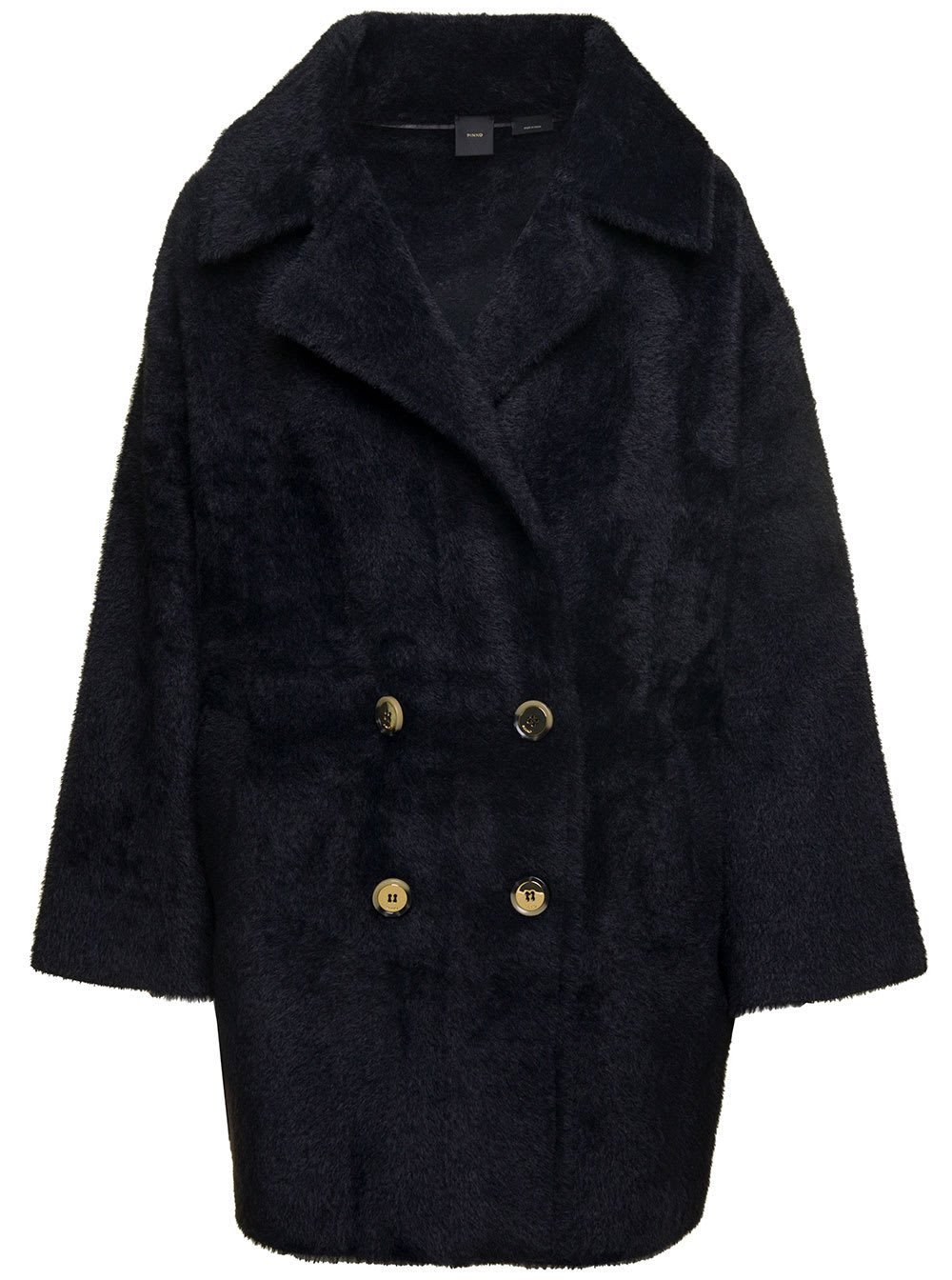 PINKO BLACK DOUBLE-BREASTED COAT WITH WIDE REVERS IN ECO FUR WOMAN