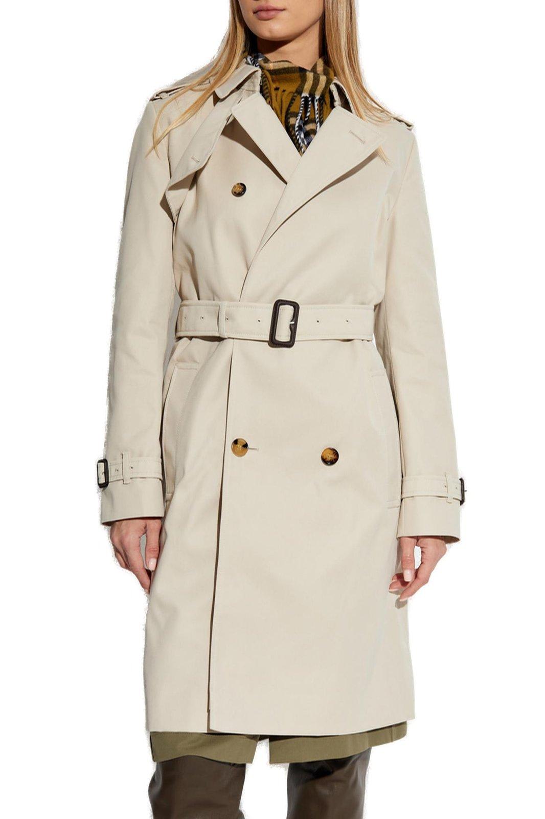 Burberry Mid-length Cotton Blend Trench Coat In Beige