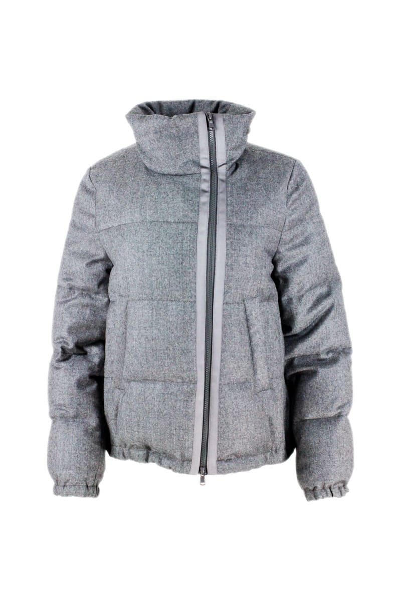 Brunello Cucinelli Short Down Jacket In Laminated Wool With Lurex Threads With Concealed Hood And With Grosgrain Inserts Along The Zip With Side Closu