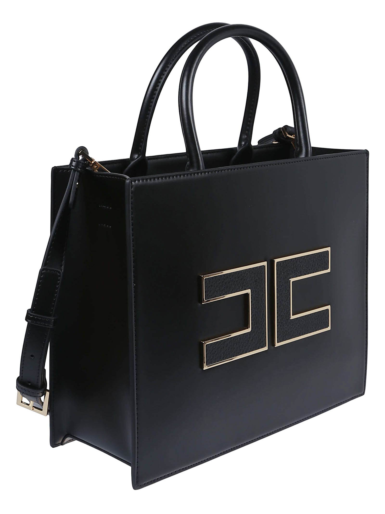 Elisabetta Franchi Structured Handbag With Prominent Logo Detail In Black