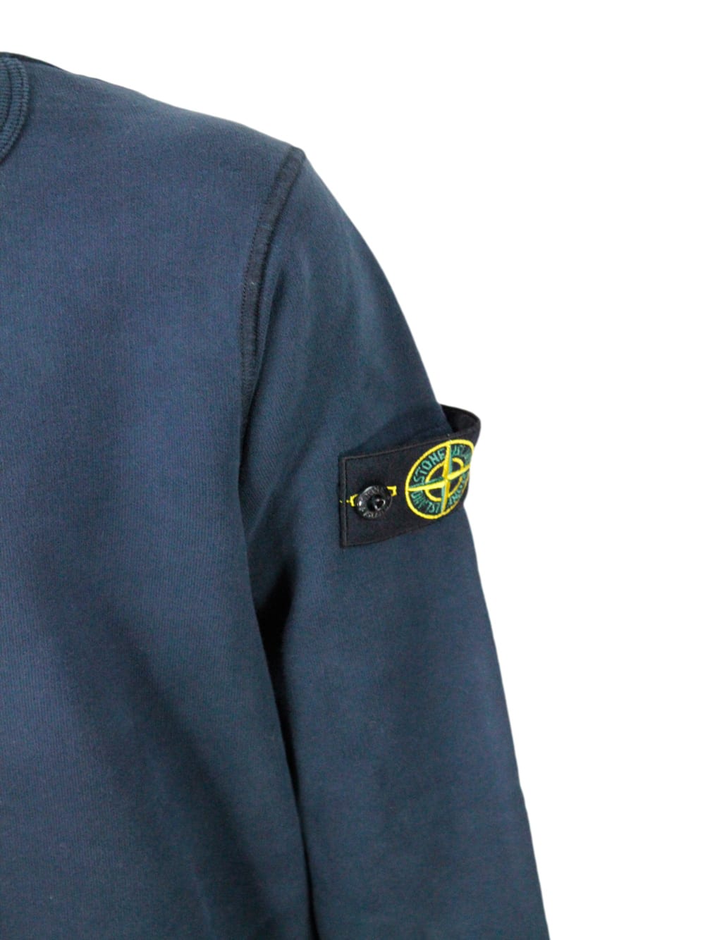 Stone Island Long-sleeved Crewneck Sweatshirt In Stretch Cotton With Badge On The Left Sleeve In Blu