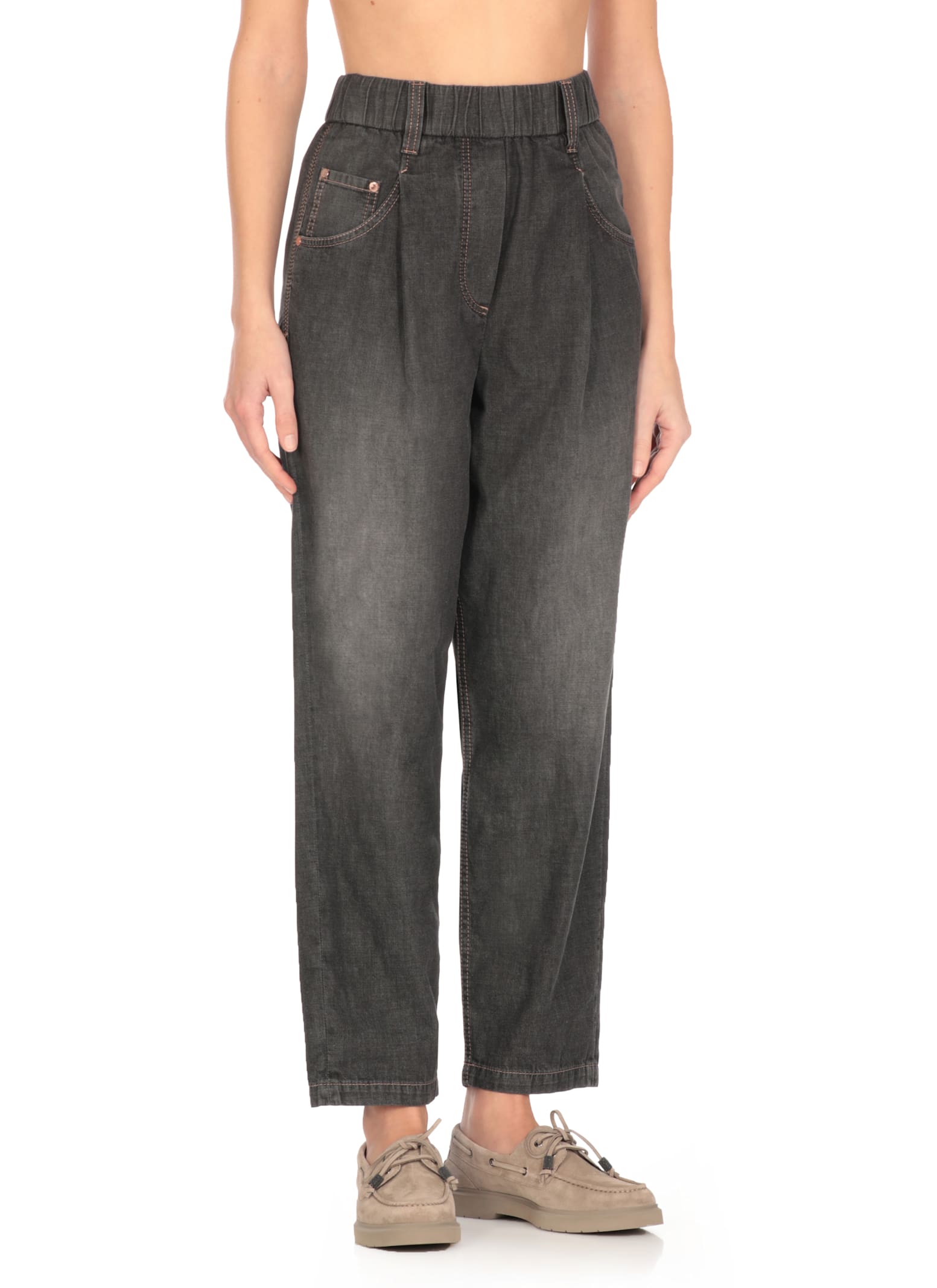Brunello Cucinelli High-waisted Grey Jeans With Jewel Detailing In Grey