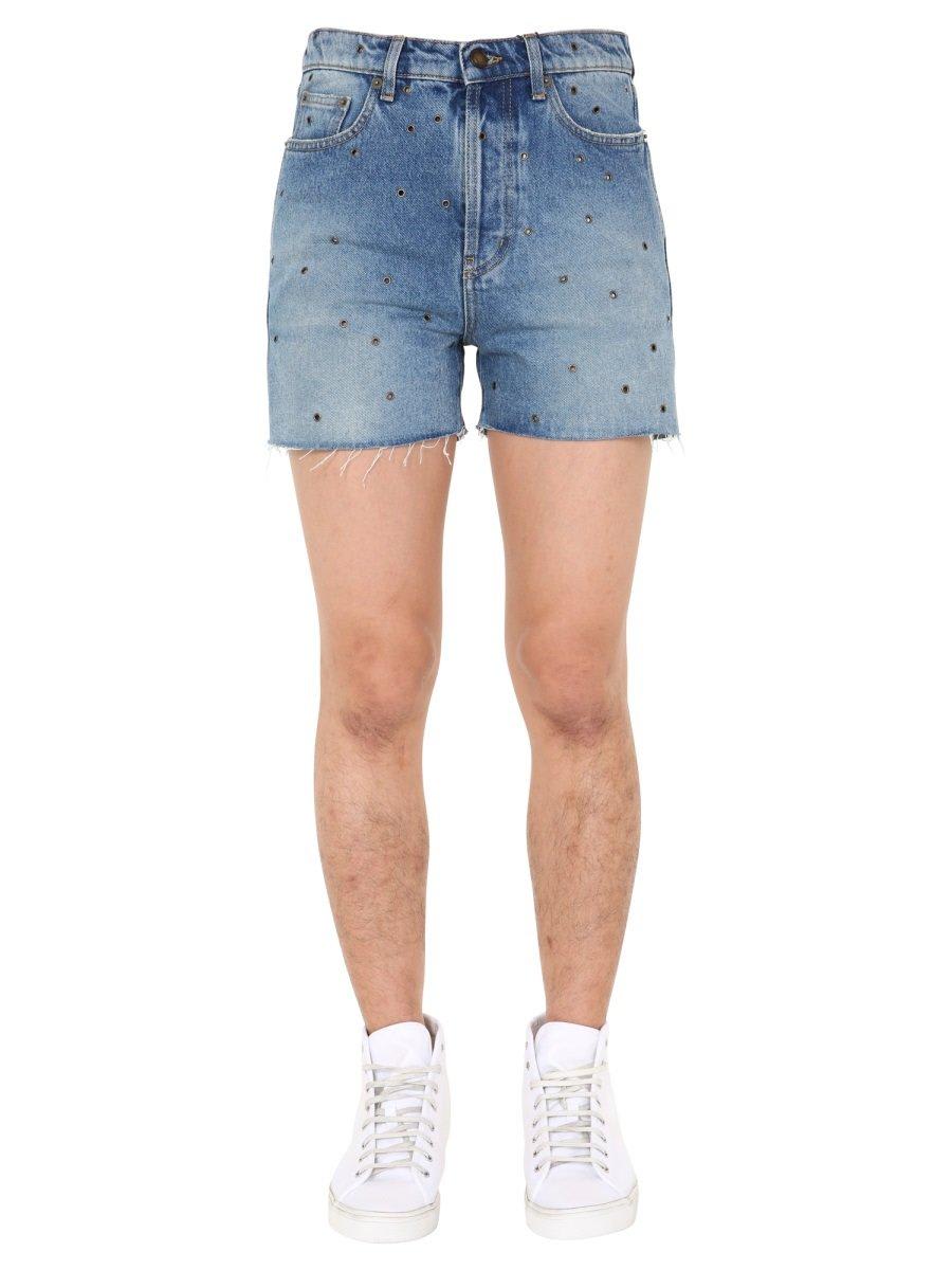 Saint Laurent Studded Denim Shorts In Azure