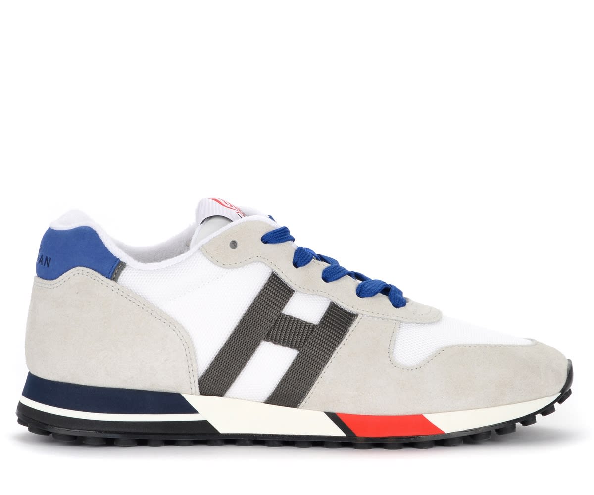 Hogan H383 Sneaker In White Blue And Grey Suede And Fabric