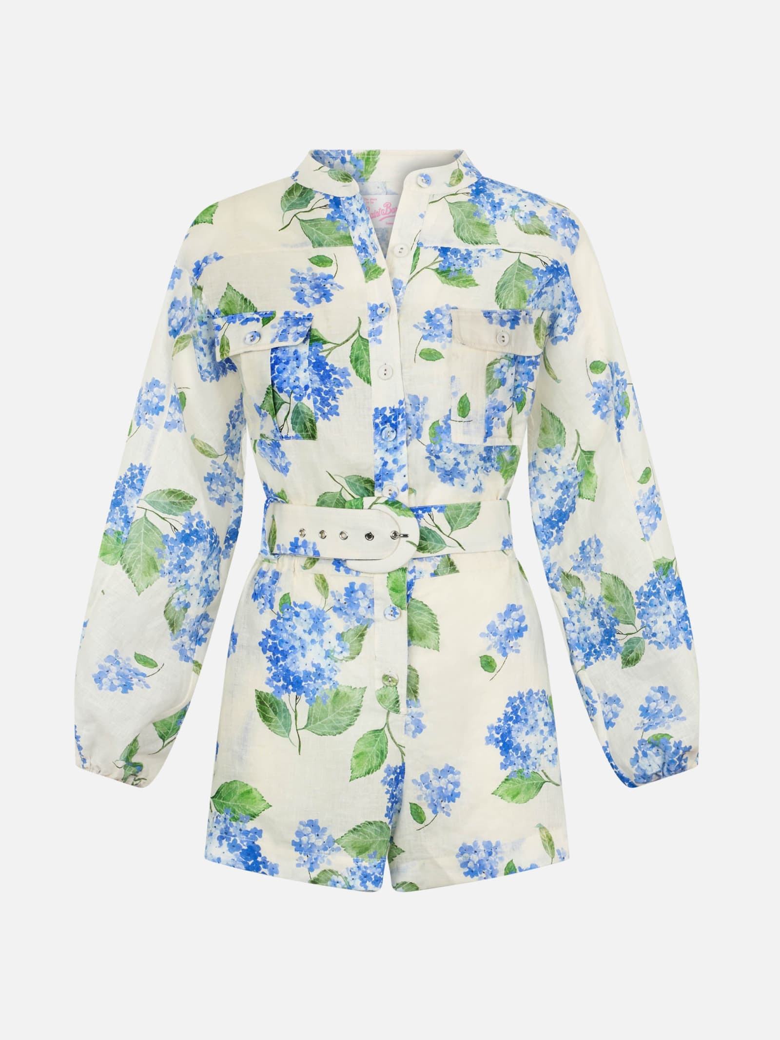 Shop Mc2 Saint Barth Woman Floral Linen Playsuit Hanniel In Sky