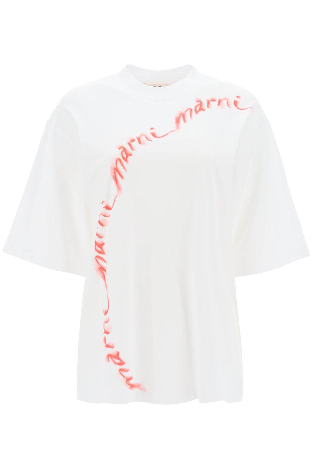 Shop Marni Logo Printed Oversized T-shirt In Bianco