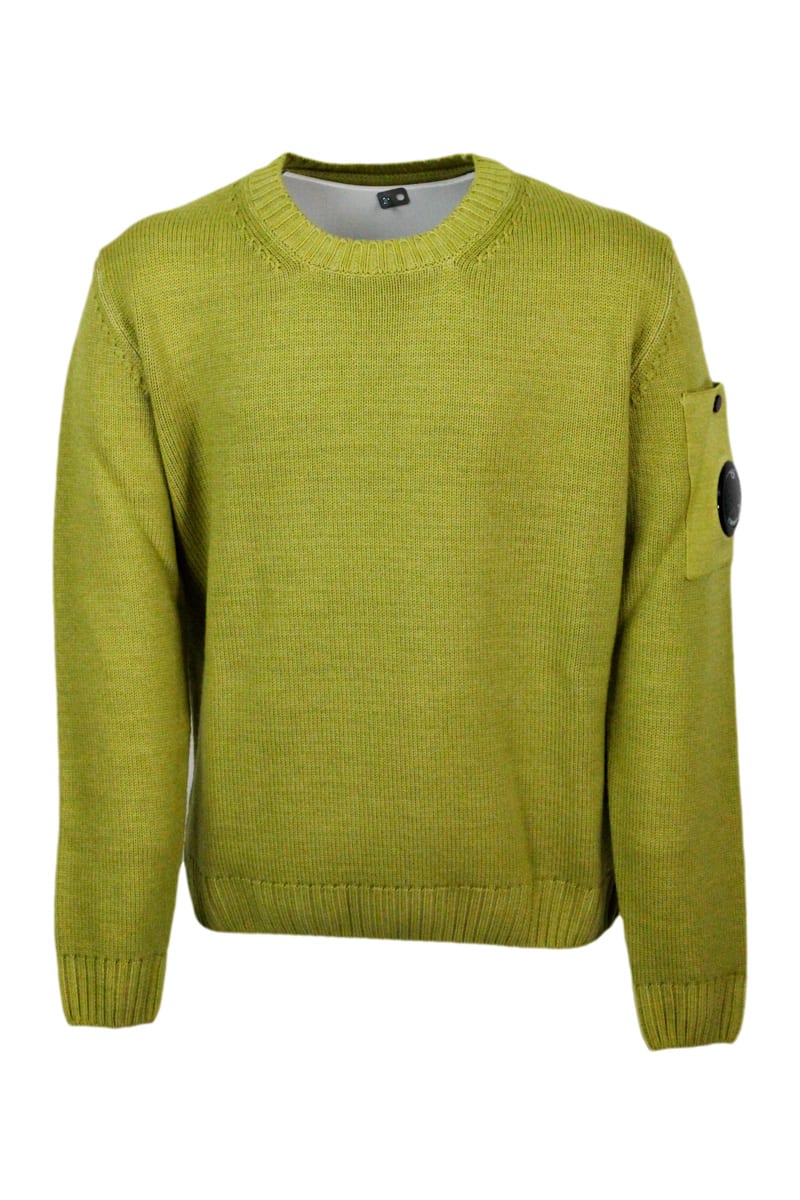 C.P. Company Crewneck Wool Sweater With Logo On The Sleeve In Vanisè Color