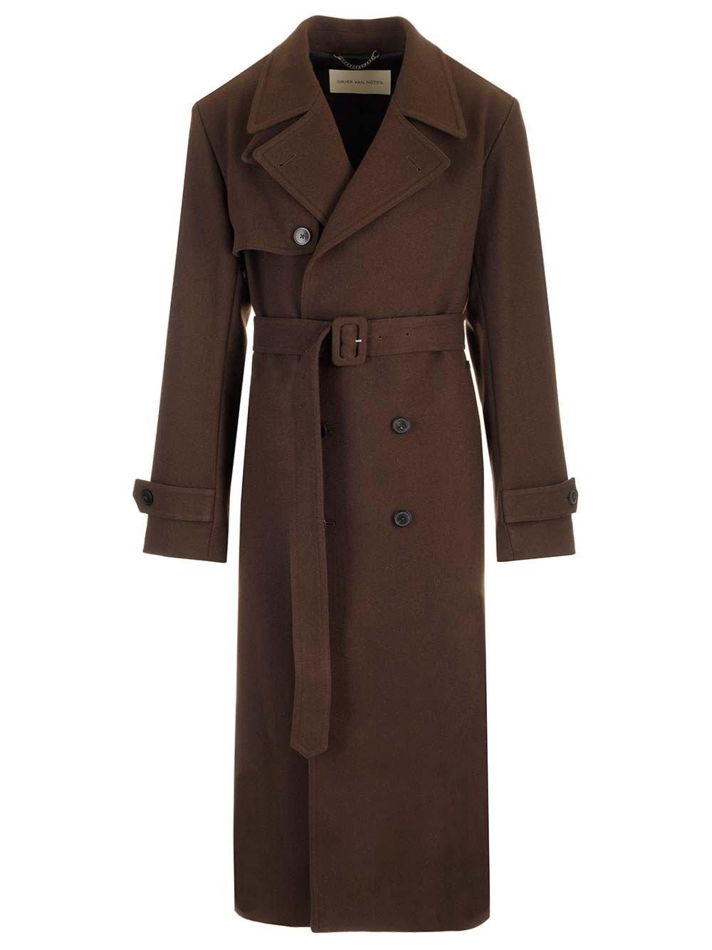 Shop Dries Van Noten Double Breasted Belted Trench Coat In Brown