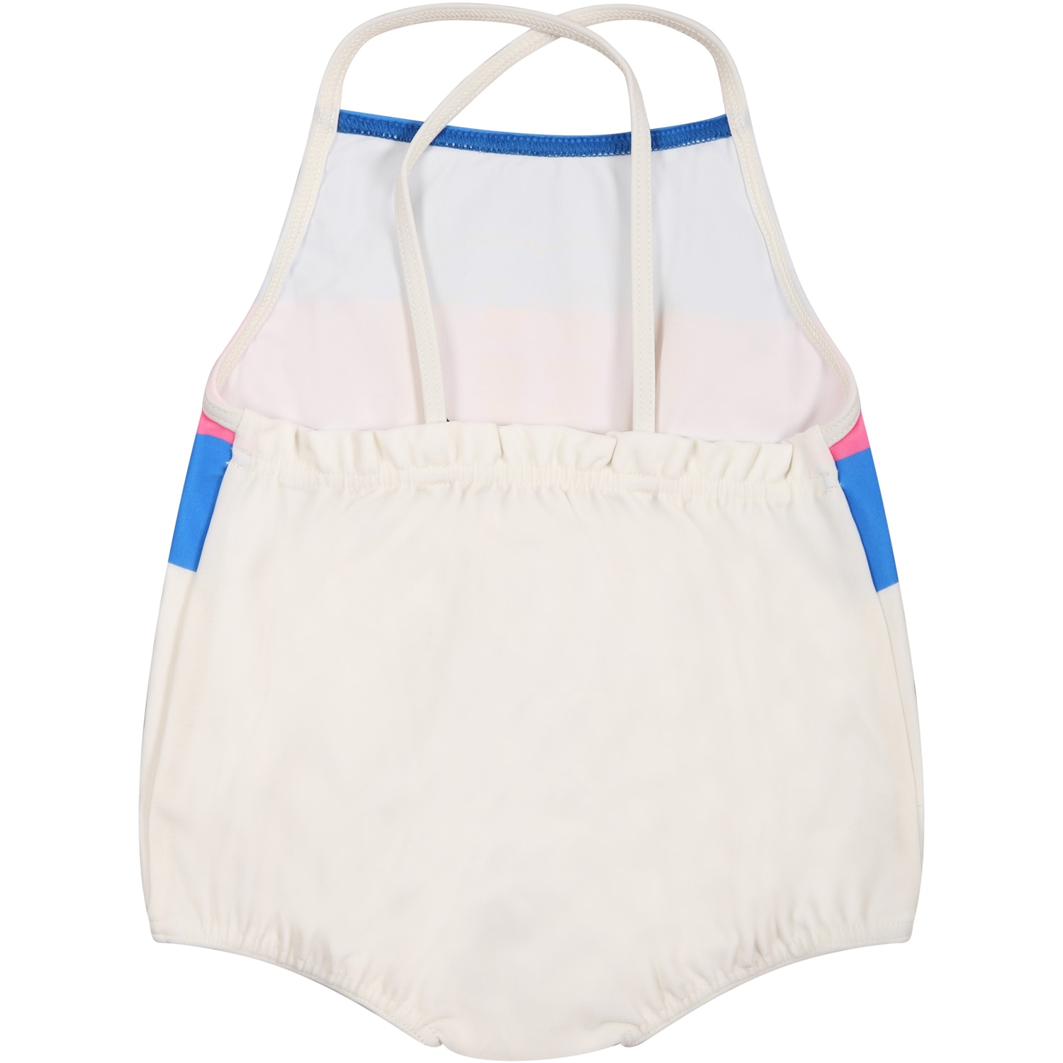 Shop Gucci Ivory Swimssuit For Baby Girl With Vinatge Print And Iconic Double Gg In Multicolor