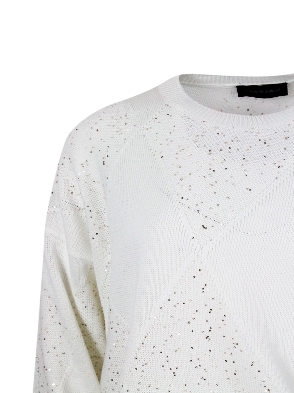 Shop Lorena Antoniazzi Long-sleeved Crew-neck Sweater In Cotton Thread With Diamond Pattern Embellished With Microsequins In White