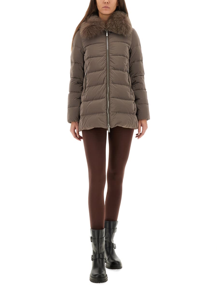 Moorer Trapeze-line Down Jacket With Detachable Fox Fur Collar In Brown
