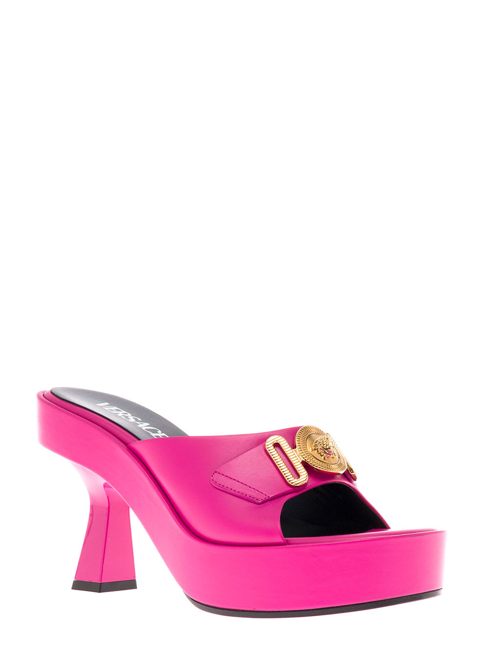Versace Womans Pink Leather Mules With Metal Medusa Logo