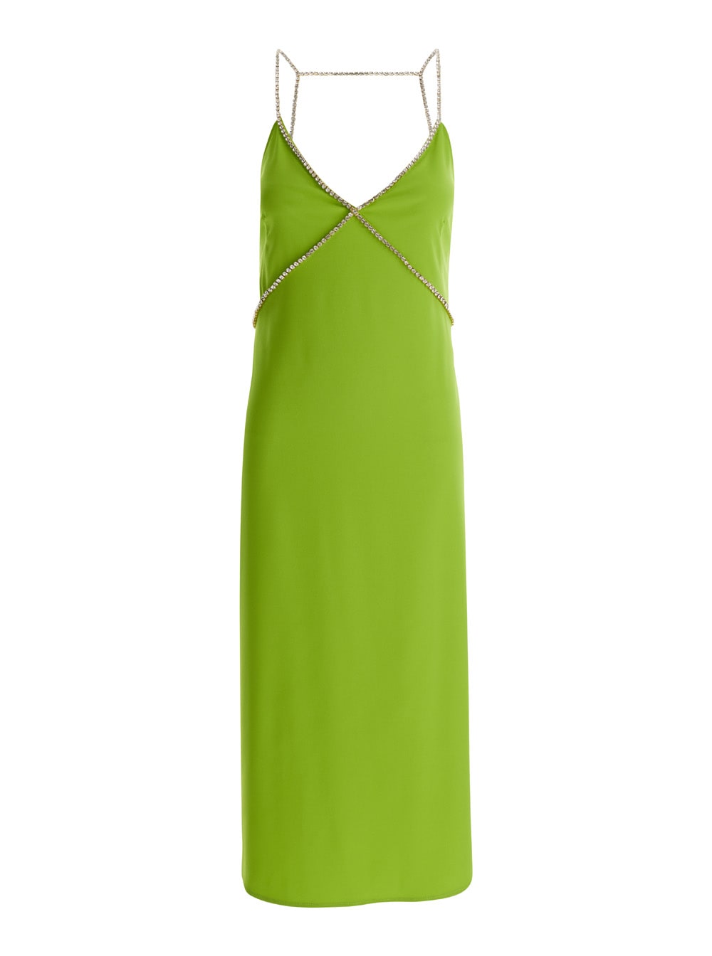 Shop Liu •jo Avocado Green Midi Dress With Rhinestone Straps In Crepe Fabric Woman Liu-jo