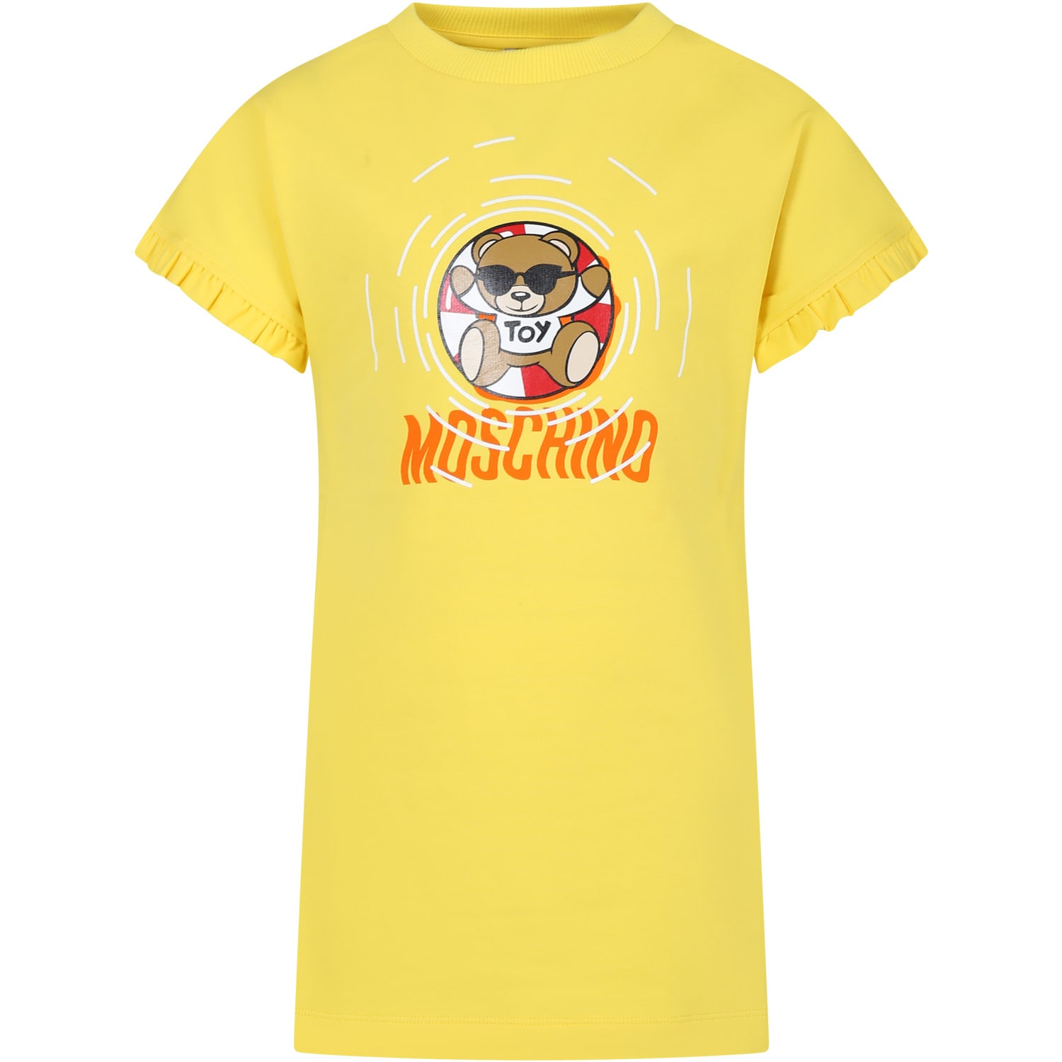Moschino Kids' Yellow Dress For Girl With Multicolor Print And Teddy Bear