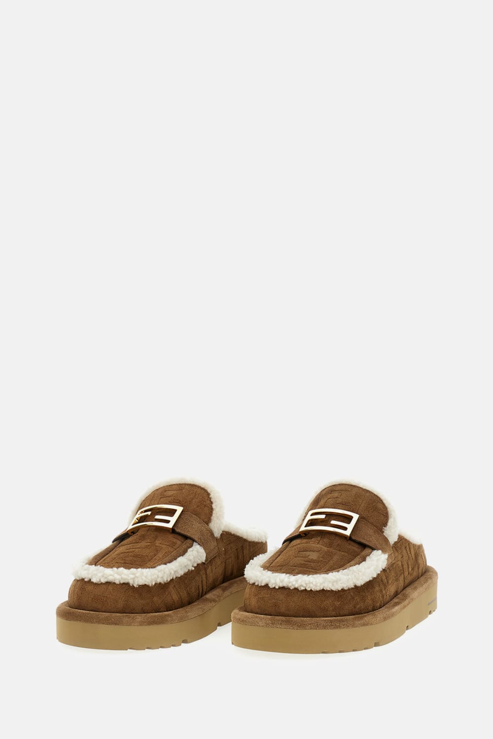 Fendi Women Beige Mules With Logo Lettering On The Rear And Ff Buckle In Suede Woman In Brown