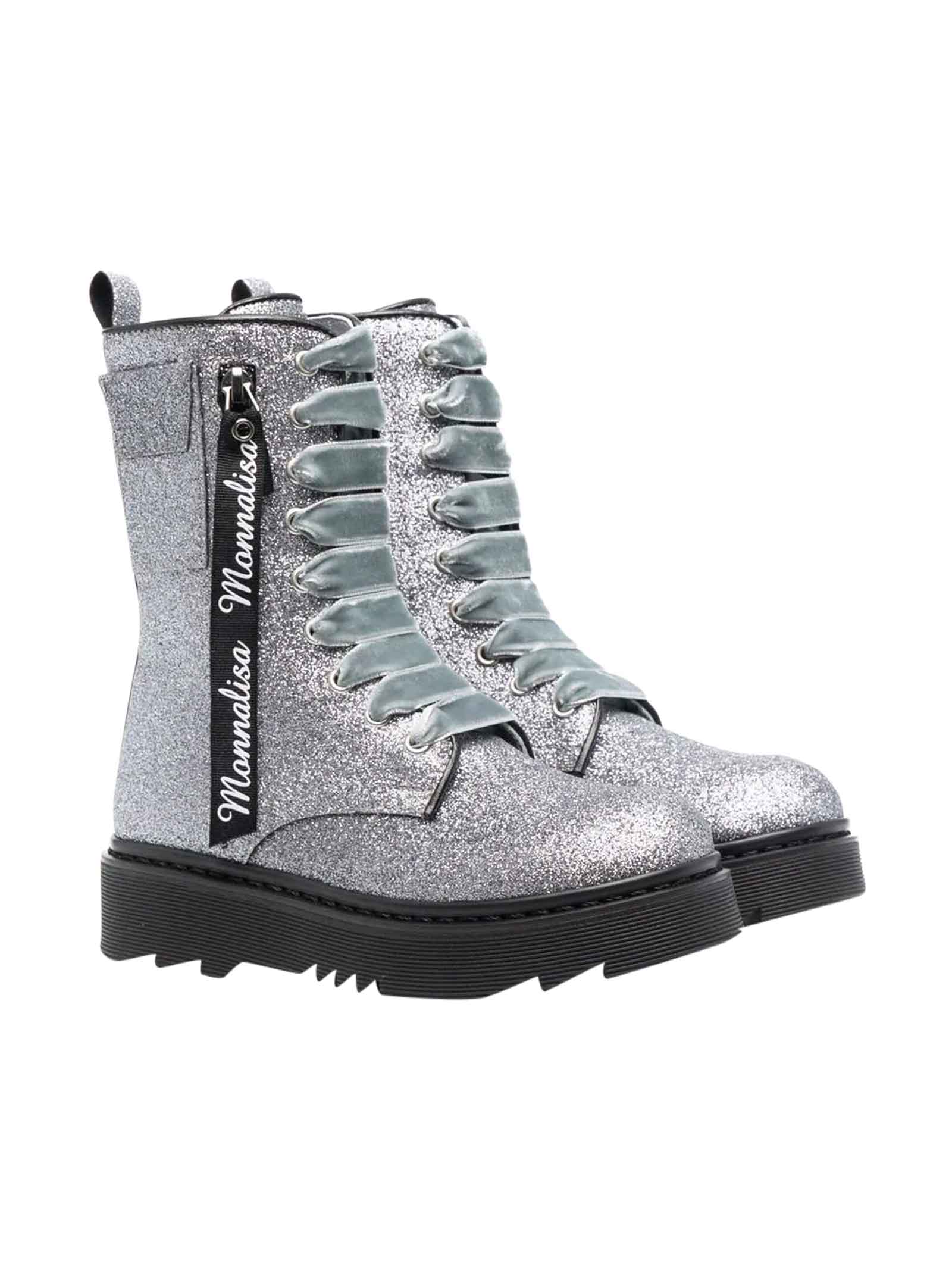Monnalisa Silver Teen Glitter Combat Boots