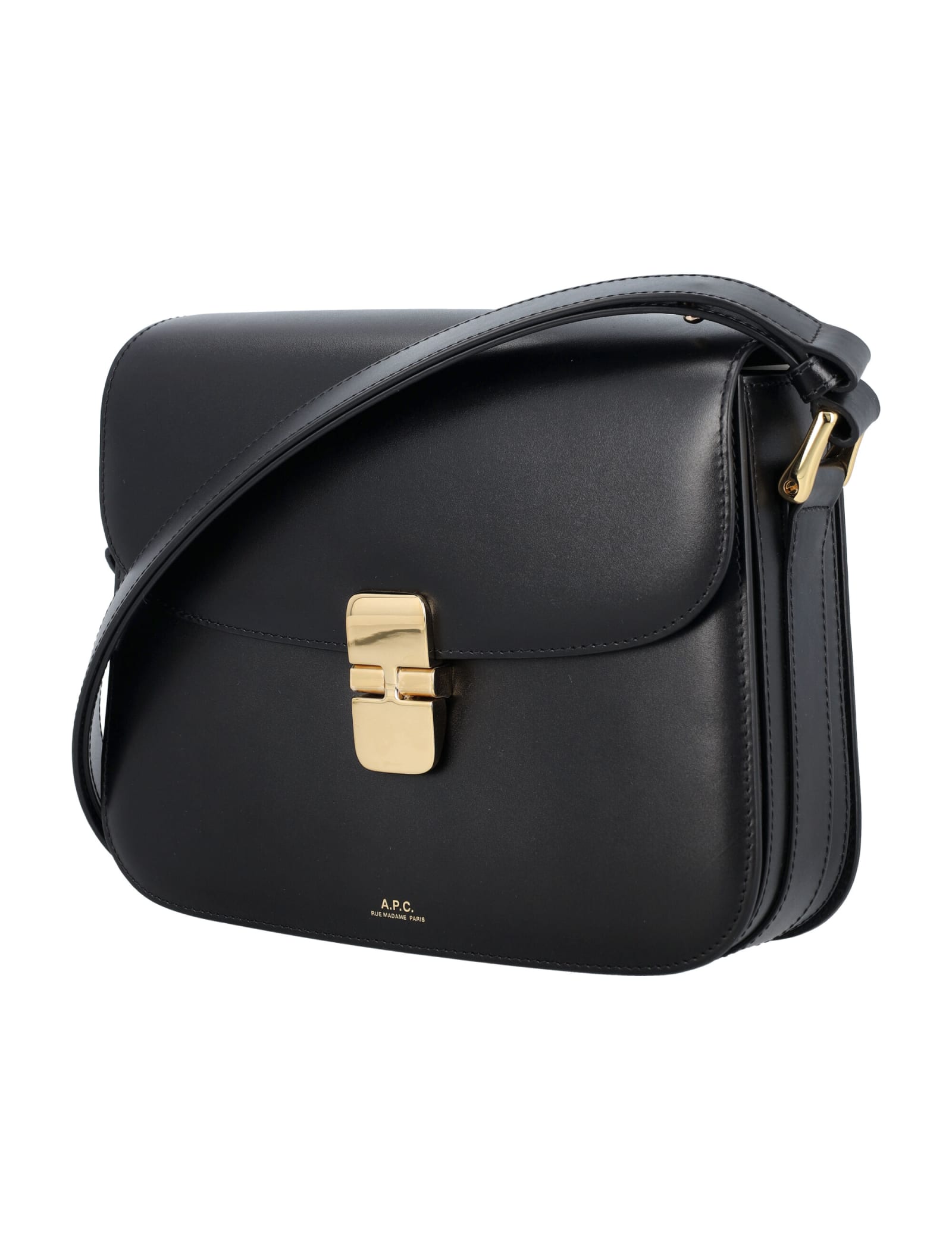Apc A.p.c. Compact Black Calf Leather Shoulder Bag With Adjustable Strap In Black