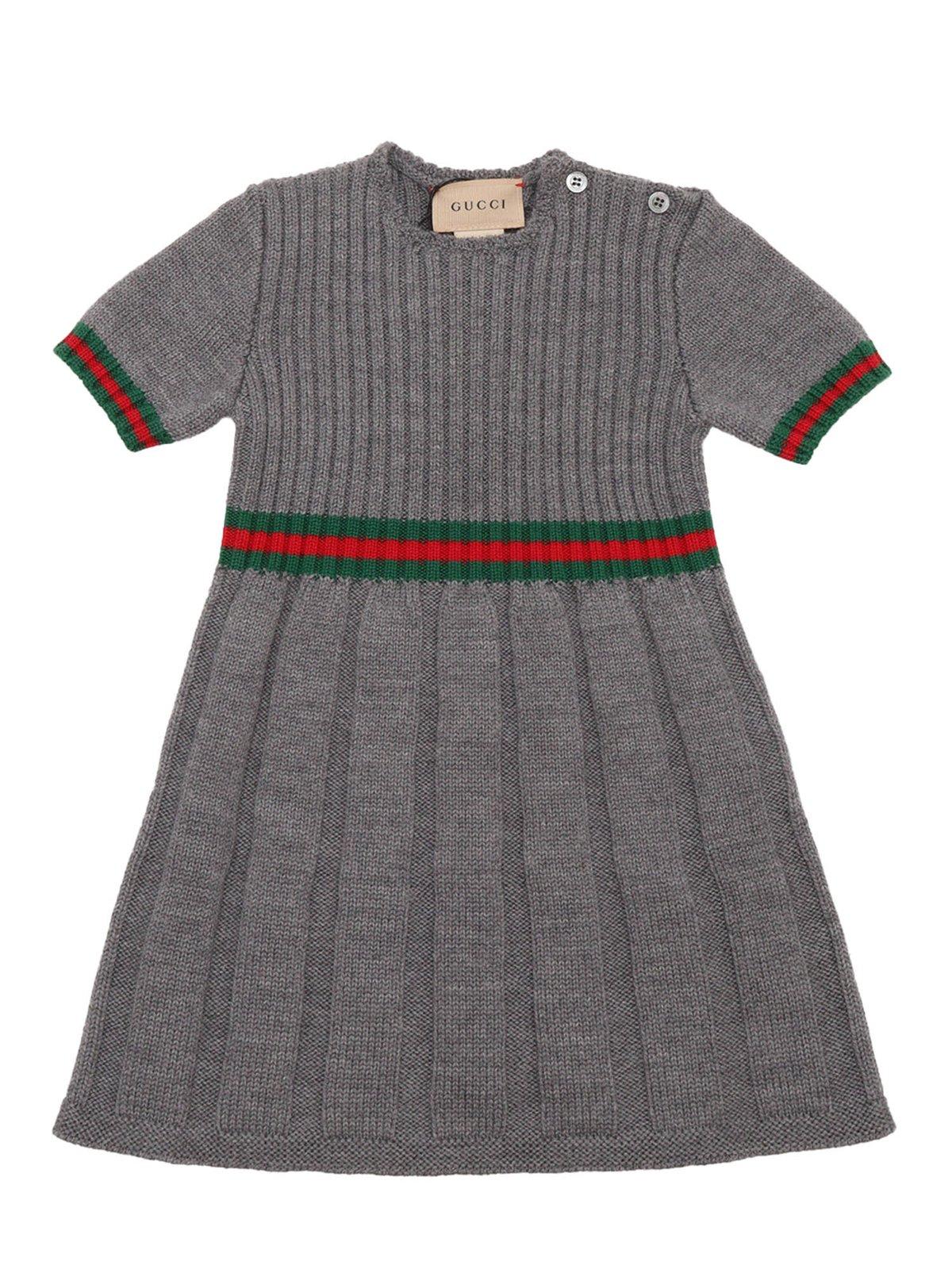 Shop Gucci Web Detailed Ribbed Knit Dress In Grey