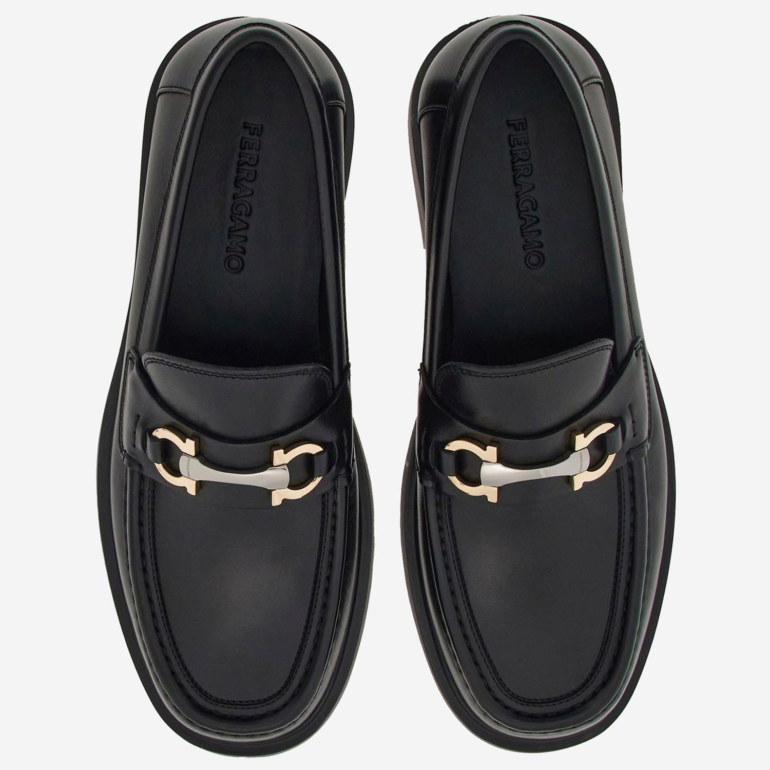 Ferragamo Black Leather Loafers With Gancini Ornament In Black