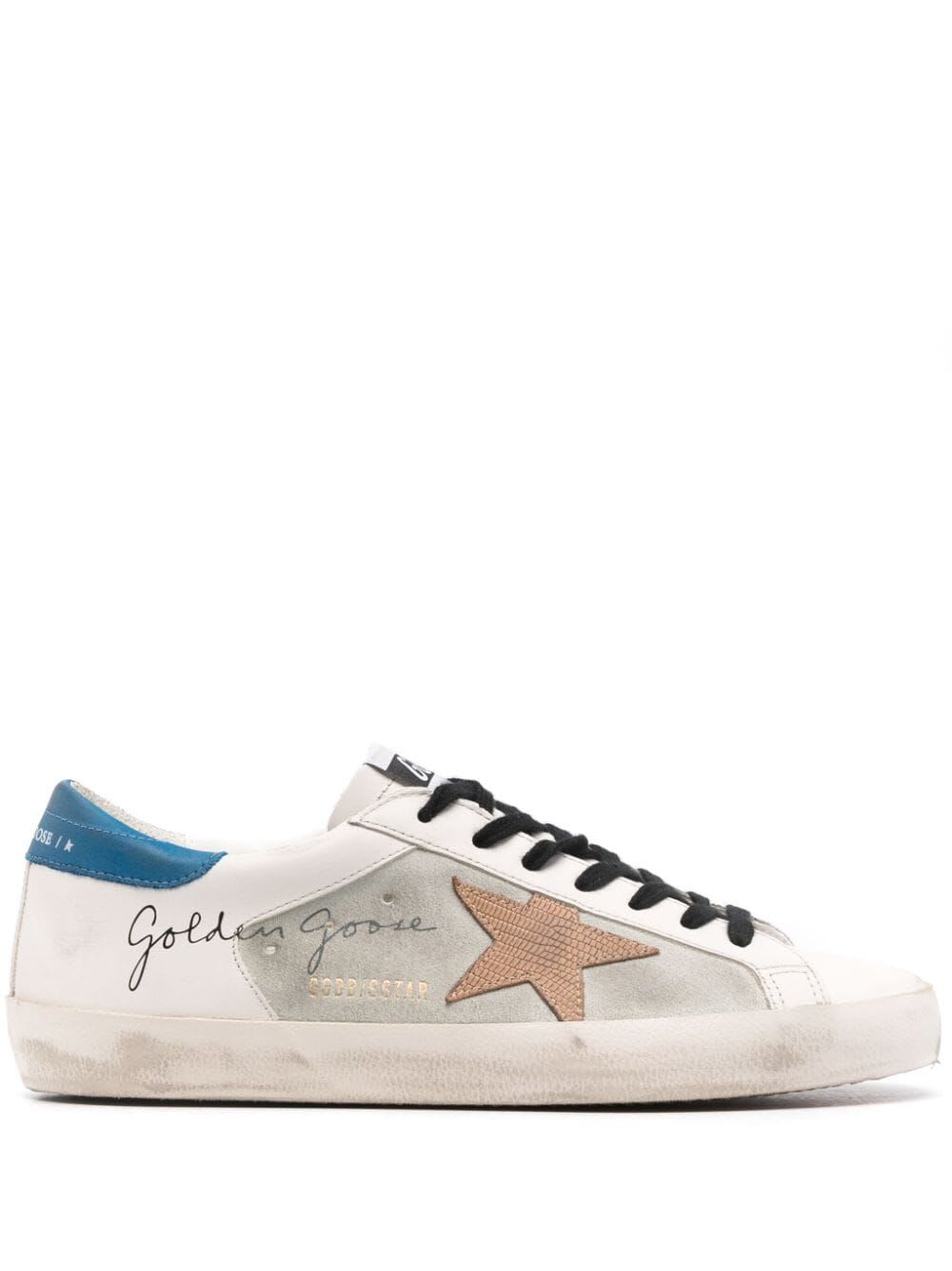 Shop Golden Goose Super Star Leather And Suede Upper Lizard Printed Star Nabuk Heel In White Ice Beige Blue