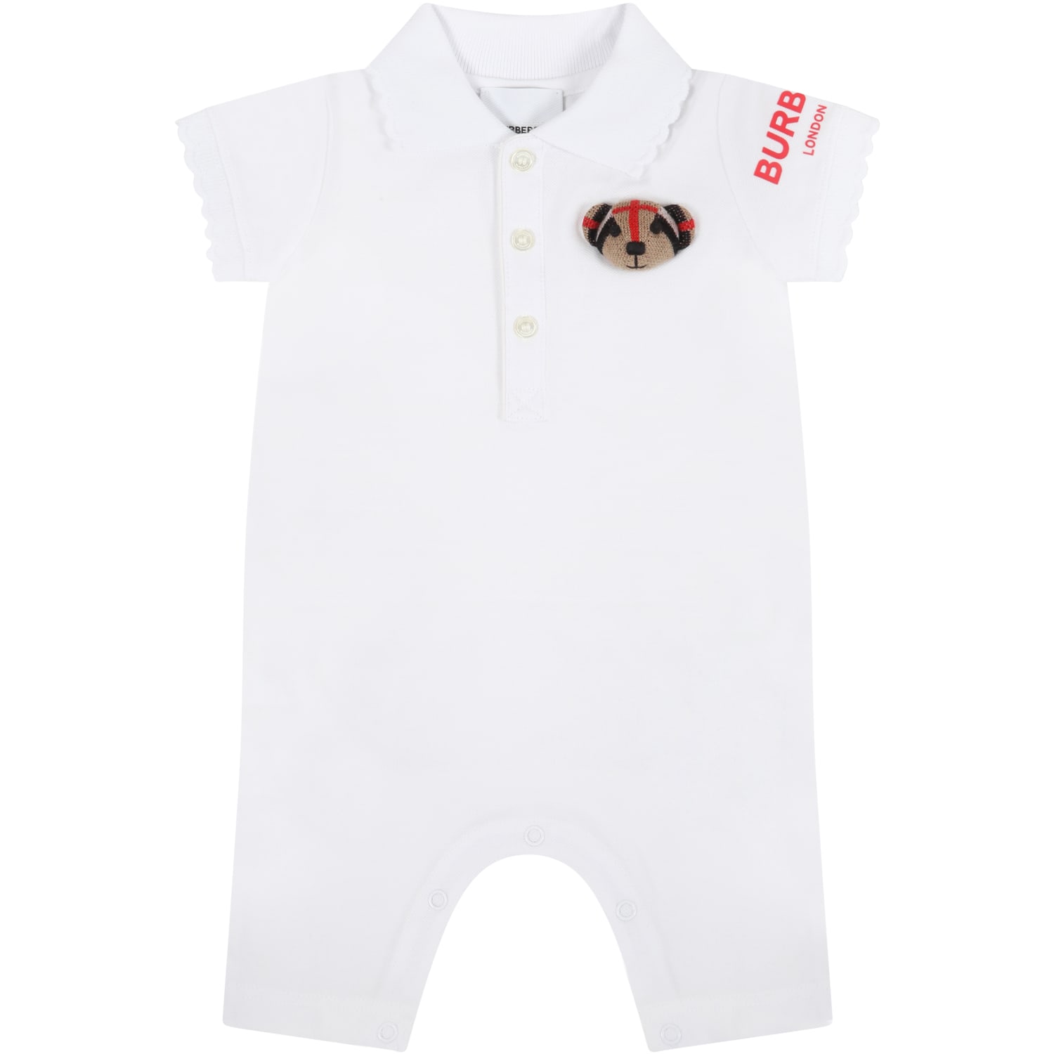 Burberry White Romper For Baby Girl With Thomas Bear