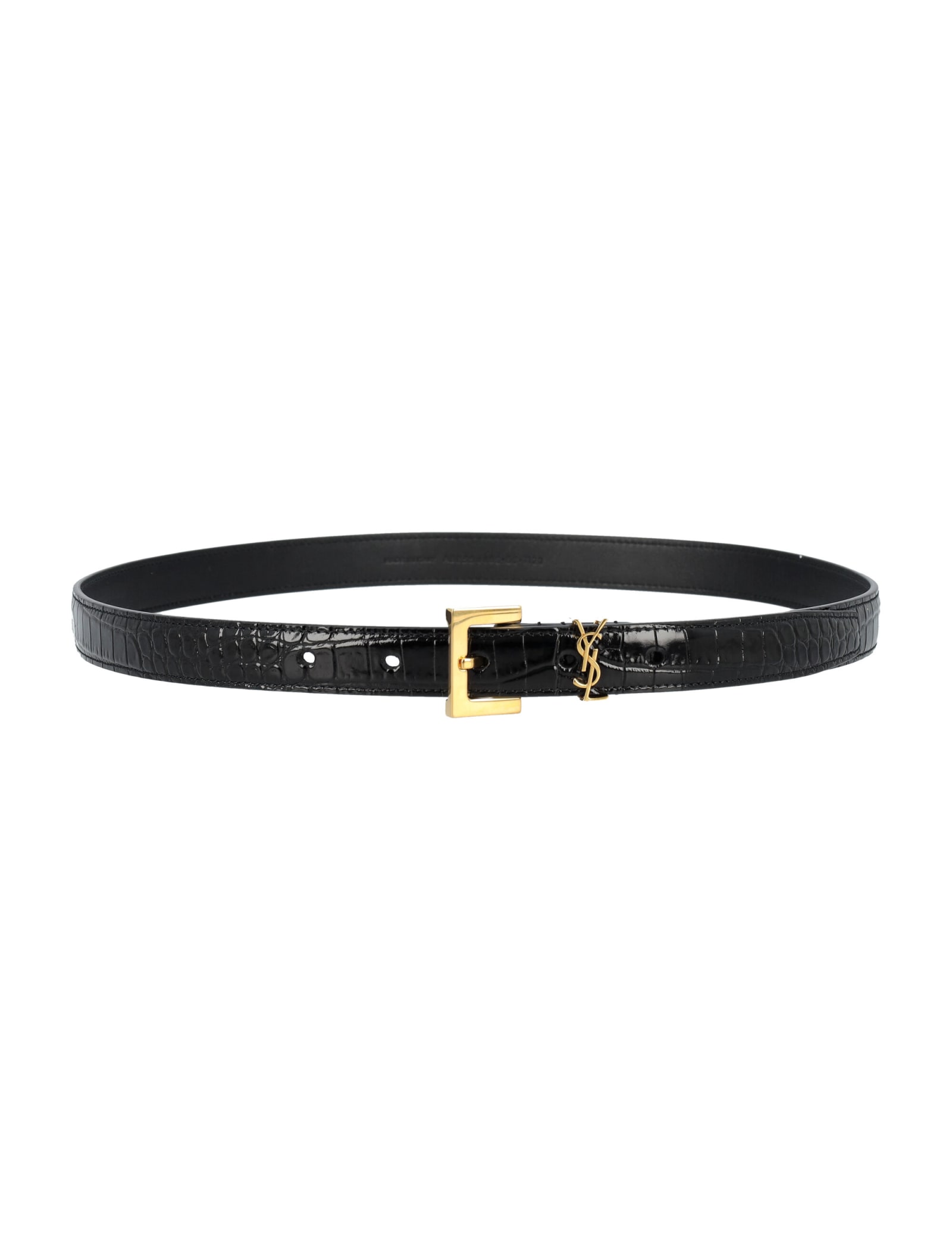 Saint Laurent Cassandre Calfskin Leather Thin Belt In Nero