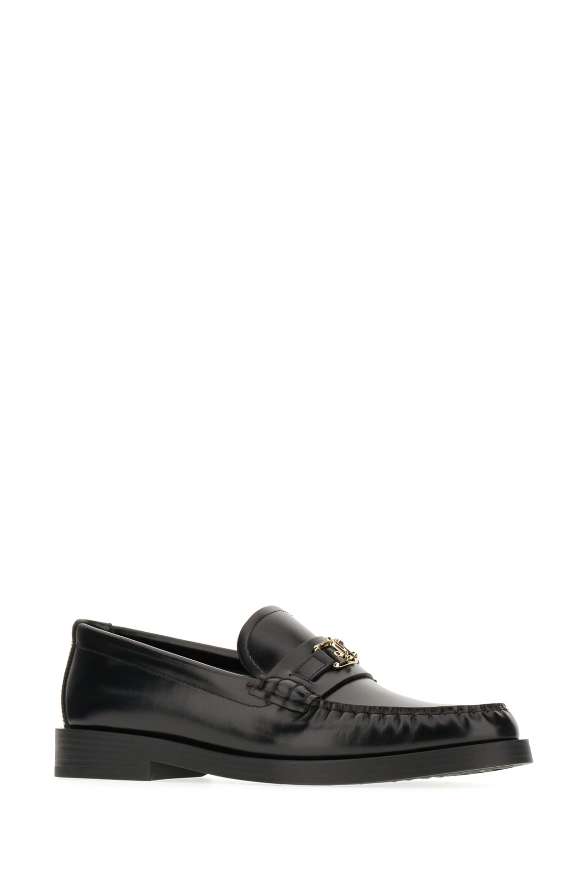 Jimmy Choo Leather Loafers With Glossy Finish And Metallic Accent In Black