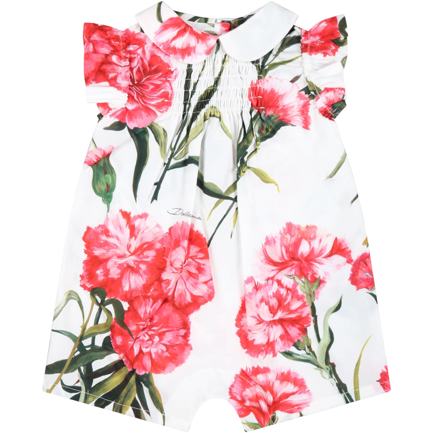 Dolce & Gabbana White Romper For Baby Girl With Pink Carnations In Multicolor