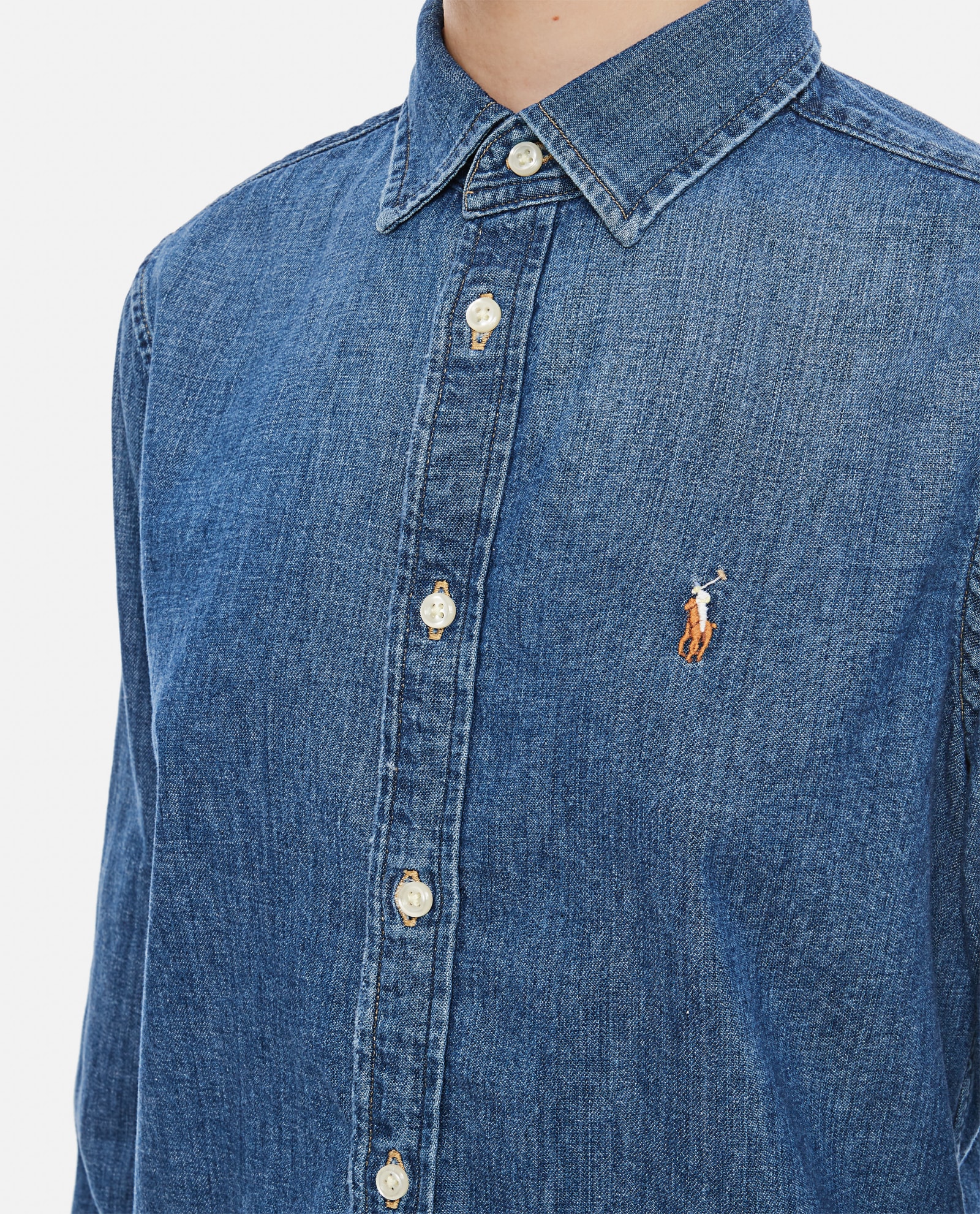 Shop Polo Ralph Lauren Long Sleeve Button Front Shirt In Clear Blue