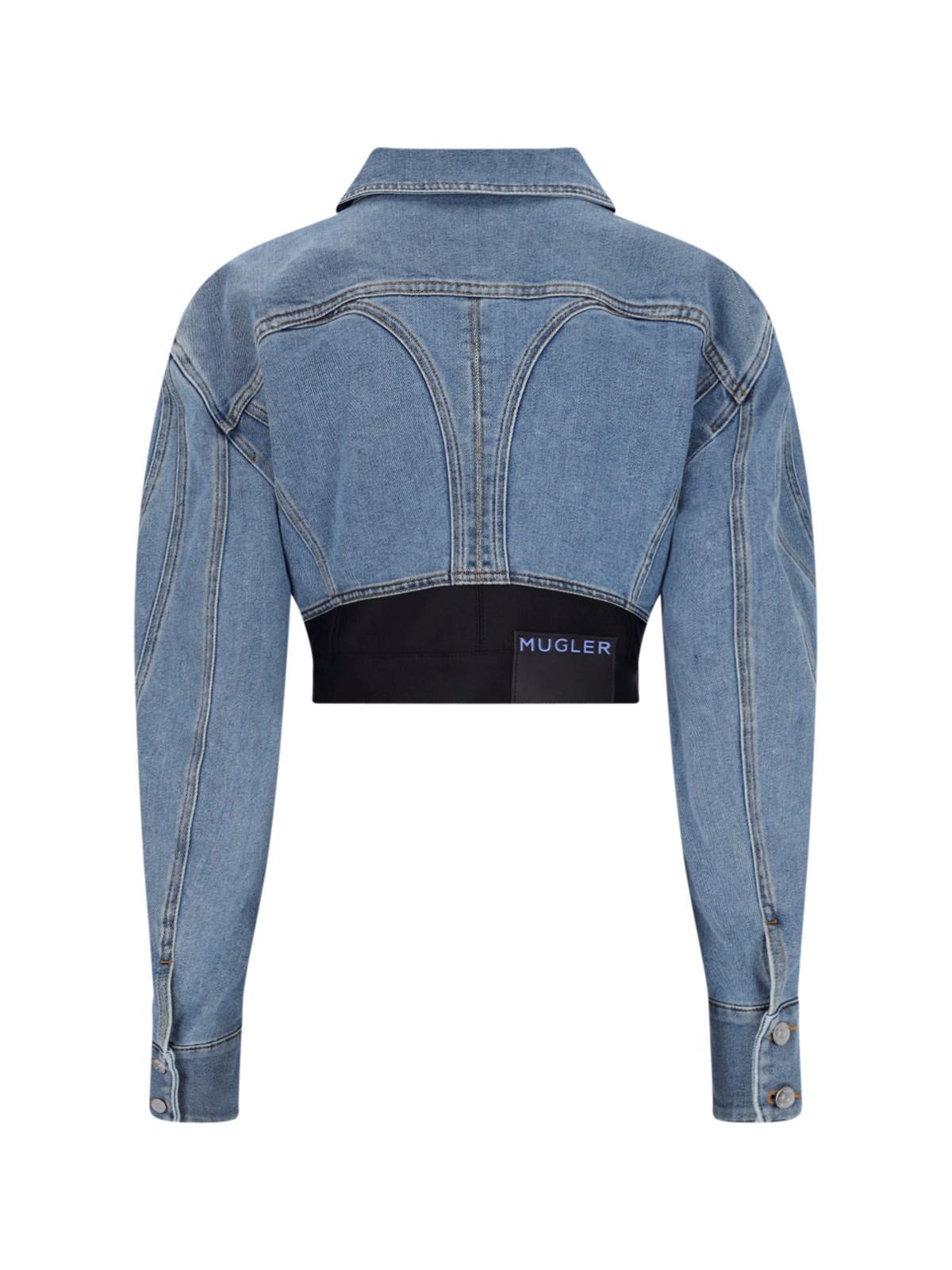 Shop Mugler Cropped Denim Jacket In Medium Blue
