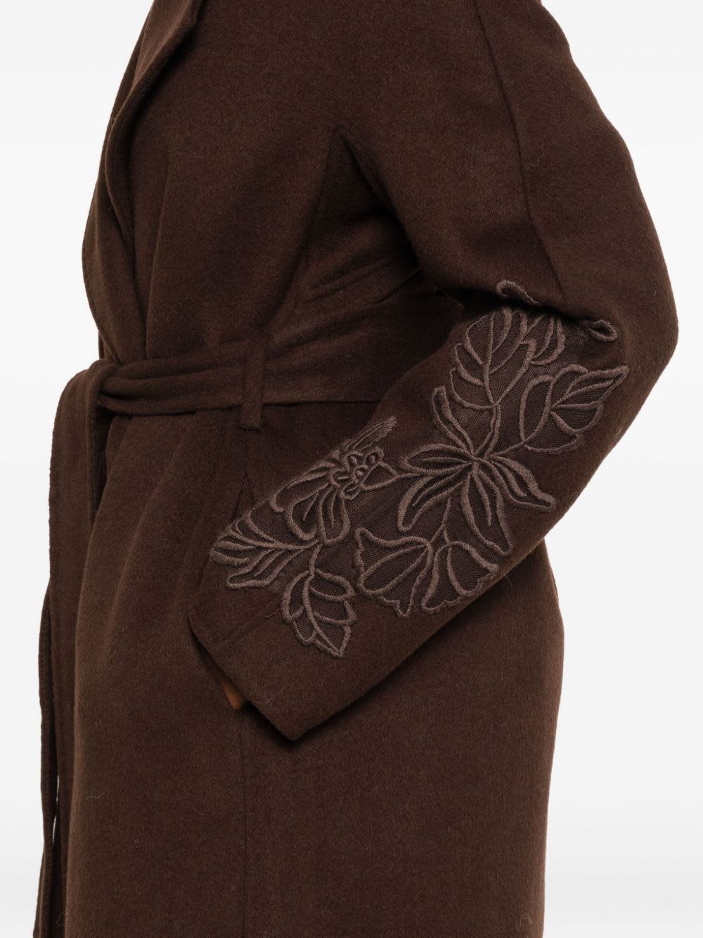 Ermanno Firenze Floral-embroidery Belted Coat In Brown